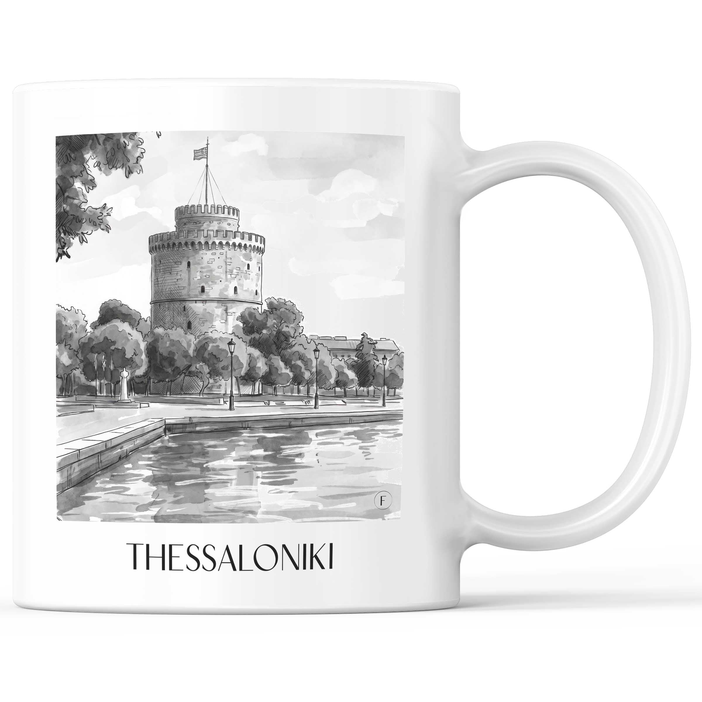 Thessaloniki - Griechenland Becher - Kaffeetasse im Aquarell Schwarz-Weiß Stil - favplace
