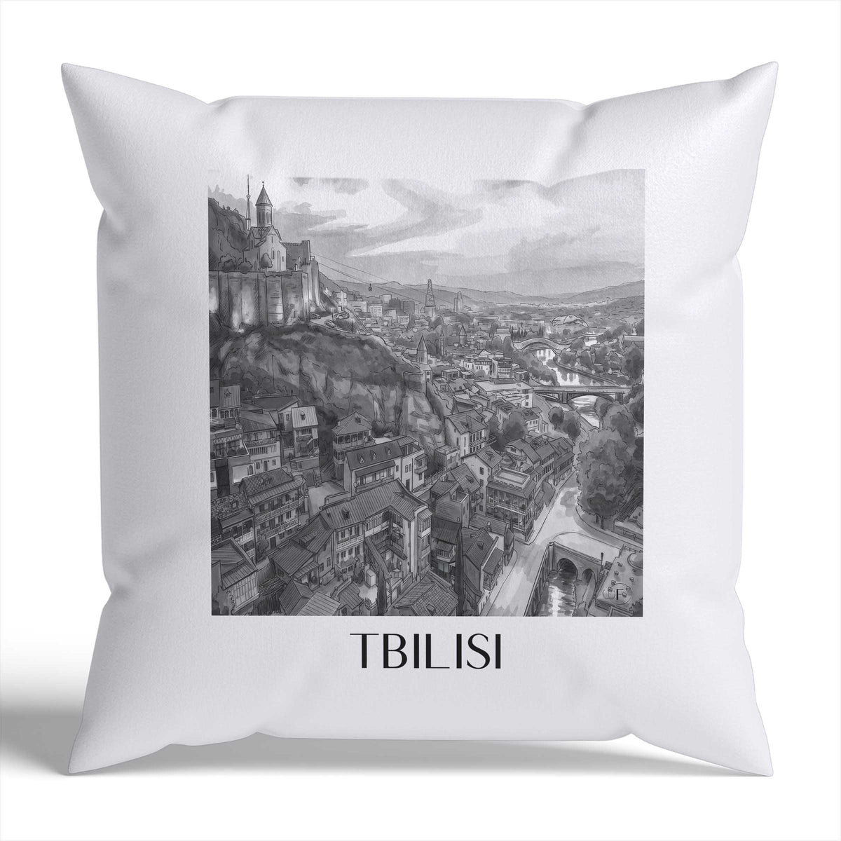 Tiflis Kissenhülle - Zierkissen Bezug - Georgien - Georgien Kissen bzw. Kissenbezug im Aquarell Schwarz-Weiß Stil - favplace