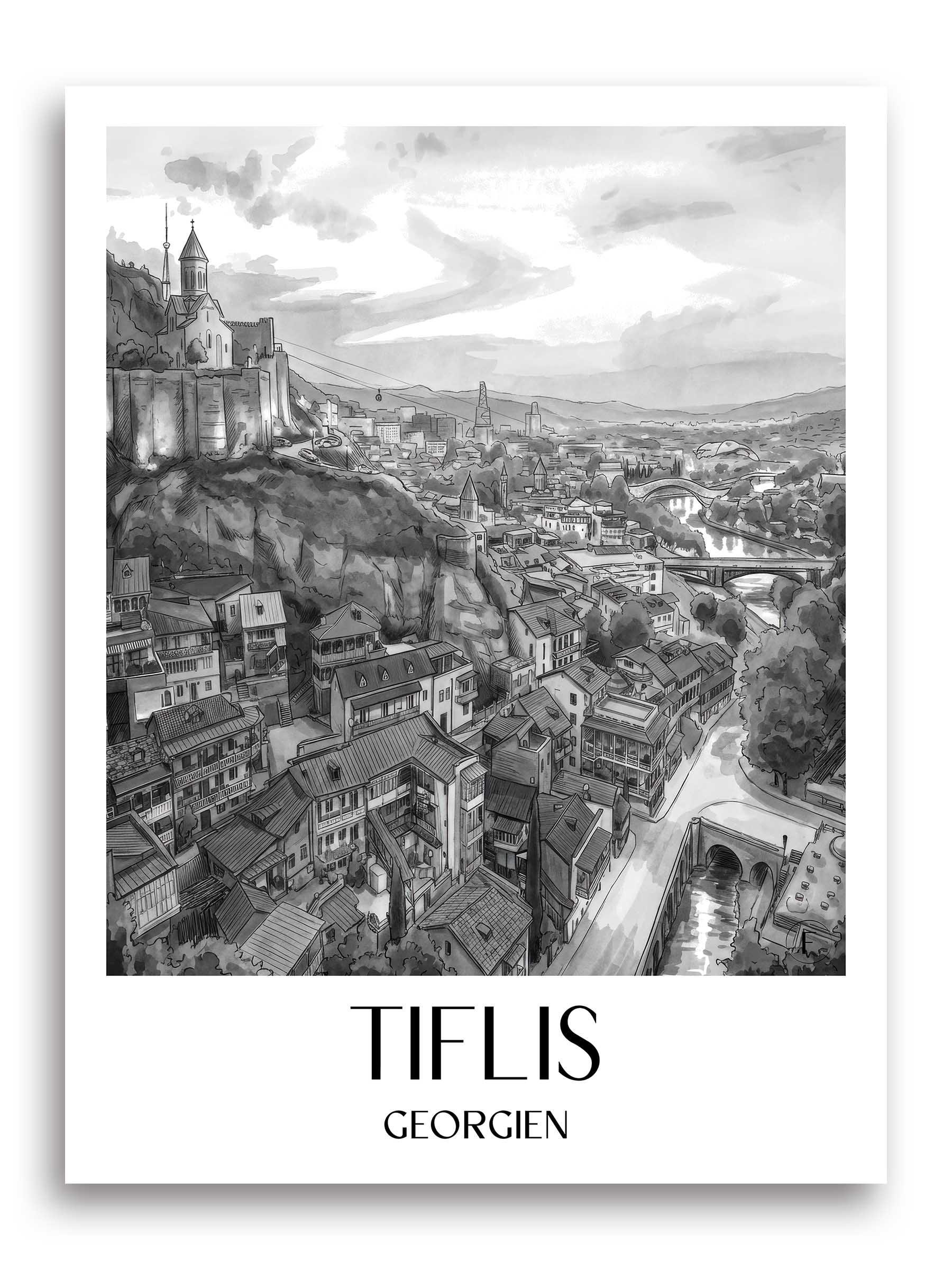 tiflis-georgien-poster-aquarell-schwarz-weiss