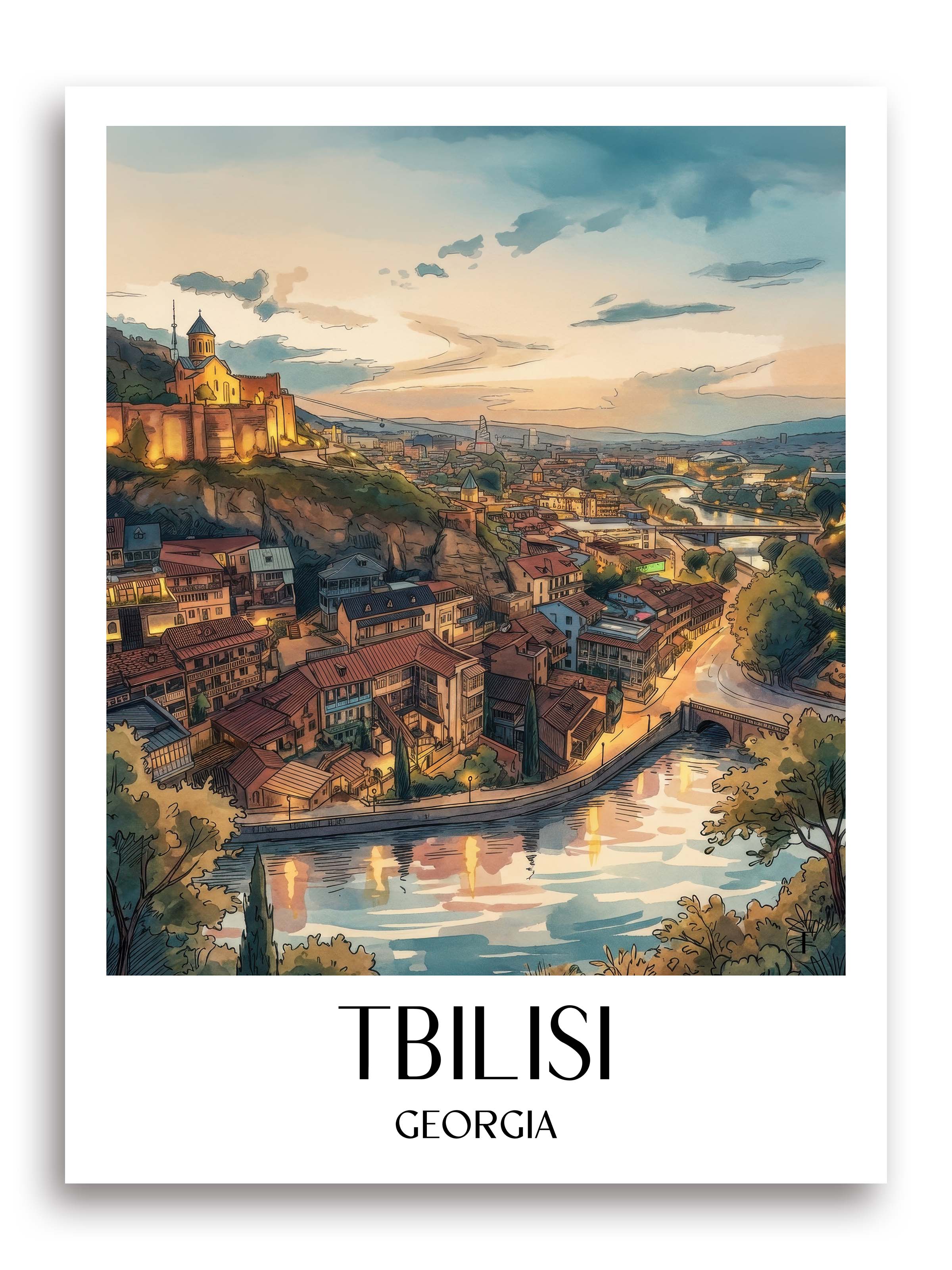Tiflis Poster - Georgien Kunstdruck - Aquarell von A4 bis A1 - favplace