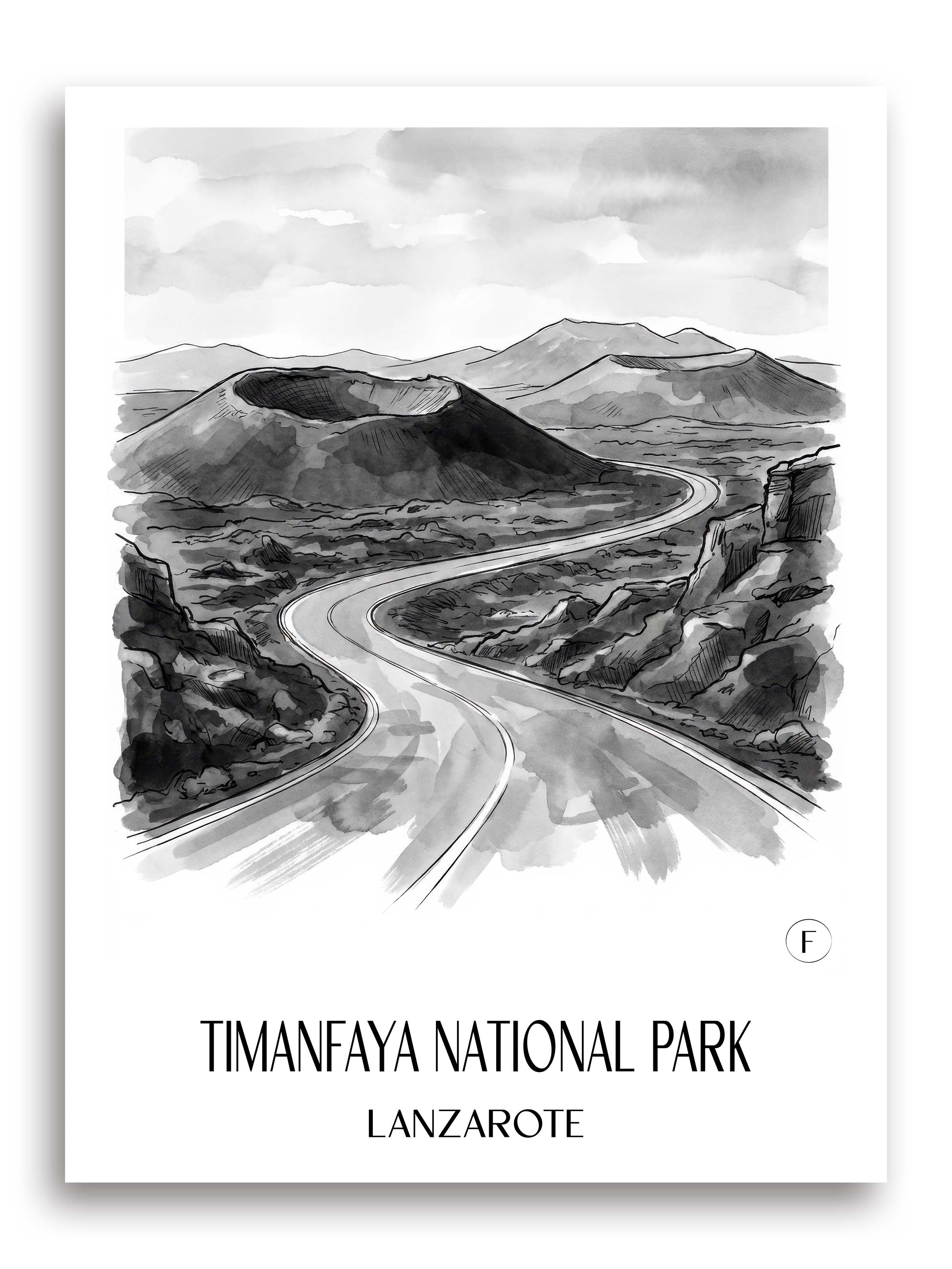 Timanfaya Nationalpark Poster - Lanzarote - Spanien Kunstdruck - Aquarell Schwarz-Weiß von A4 bis A1 - favplace
