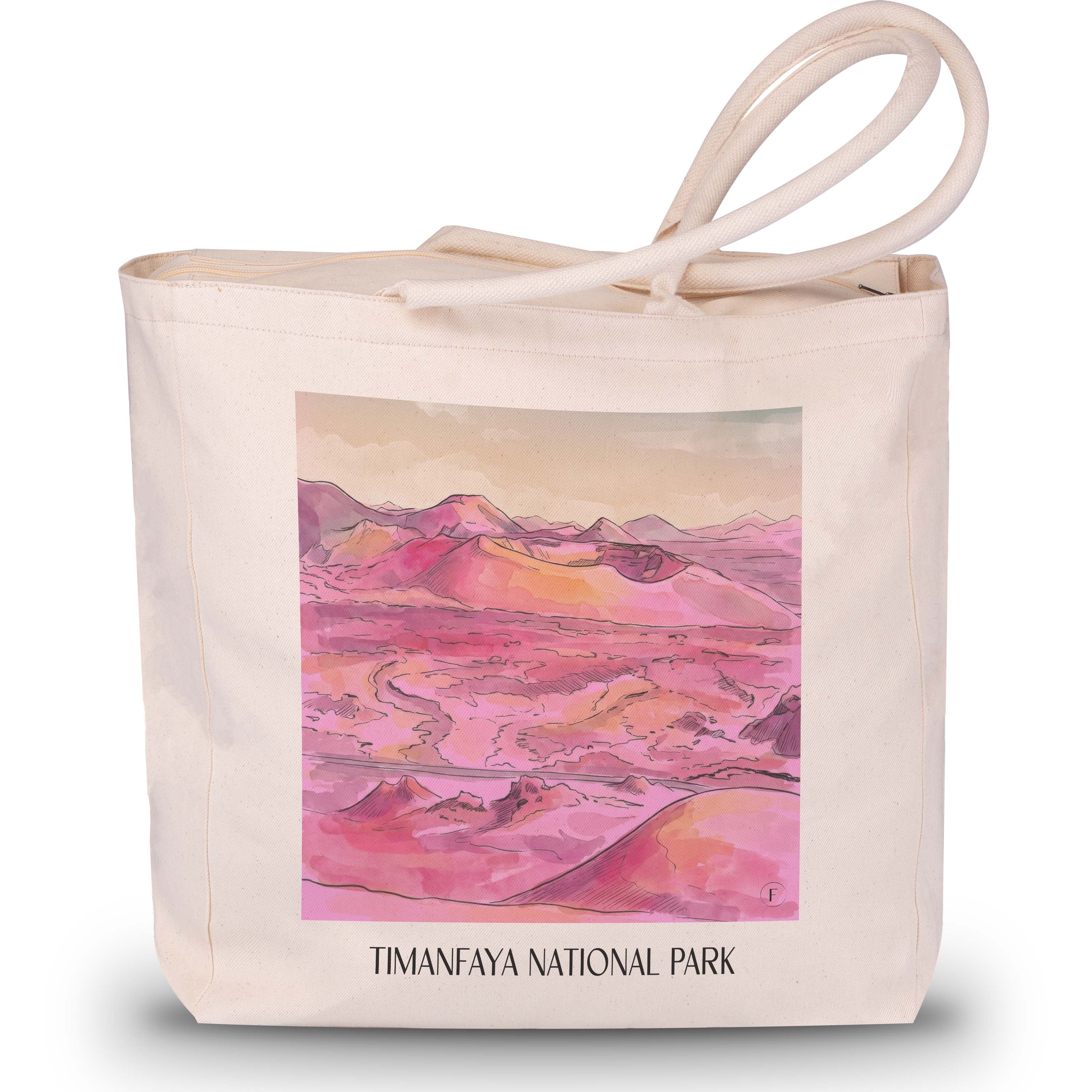 Timanfaya Nationalpark Shopping Tasche - Lanzarote - Spanien Tote Bag - Einkaufstasche im Aquarell Pink Stil - favplace