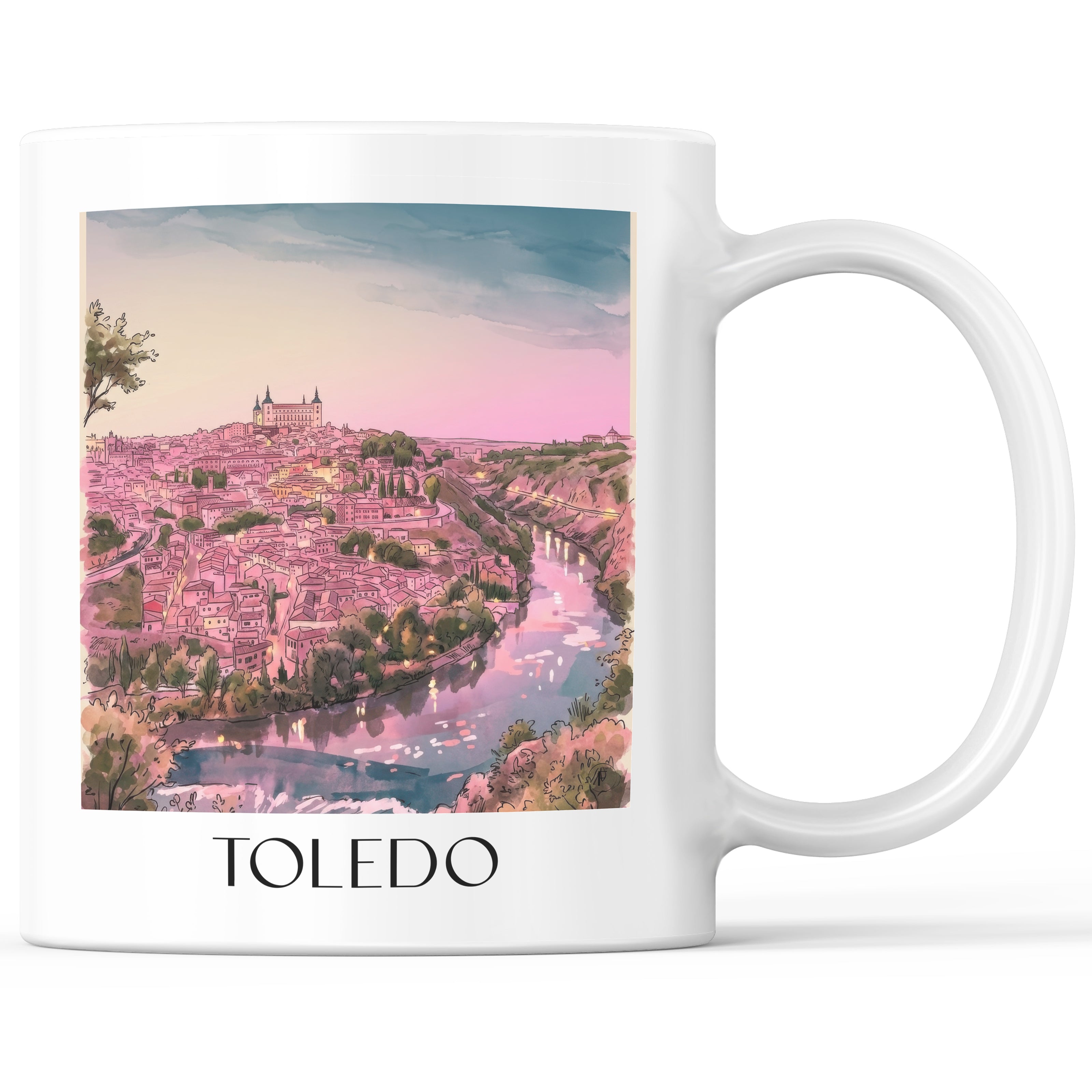 Toledo Kaffeebecher - Spanien - Spanien Becher - Kaffeetasse im Aquarell Pink Stil - favplace