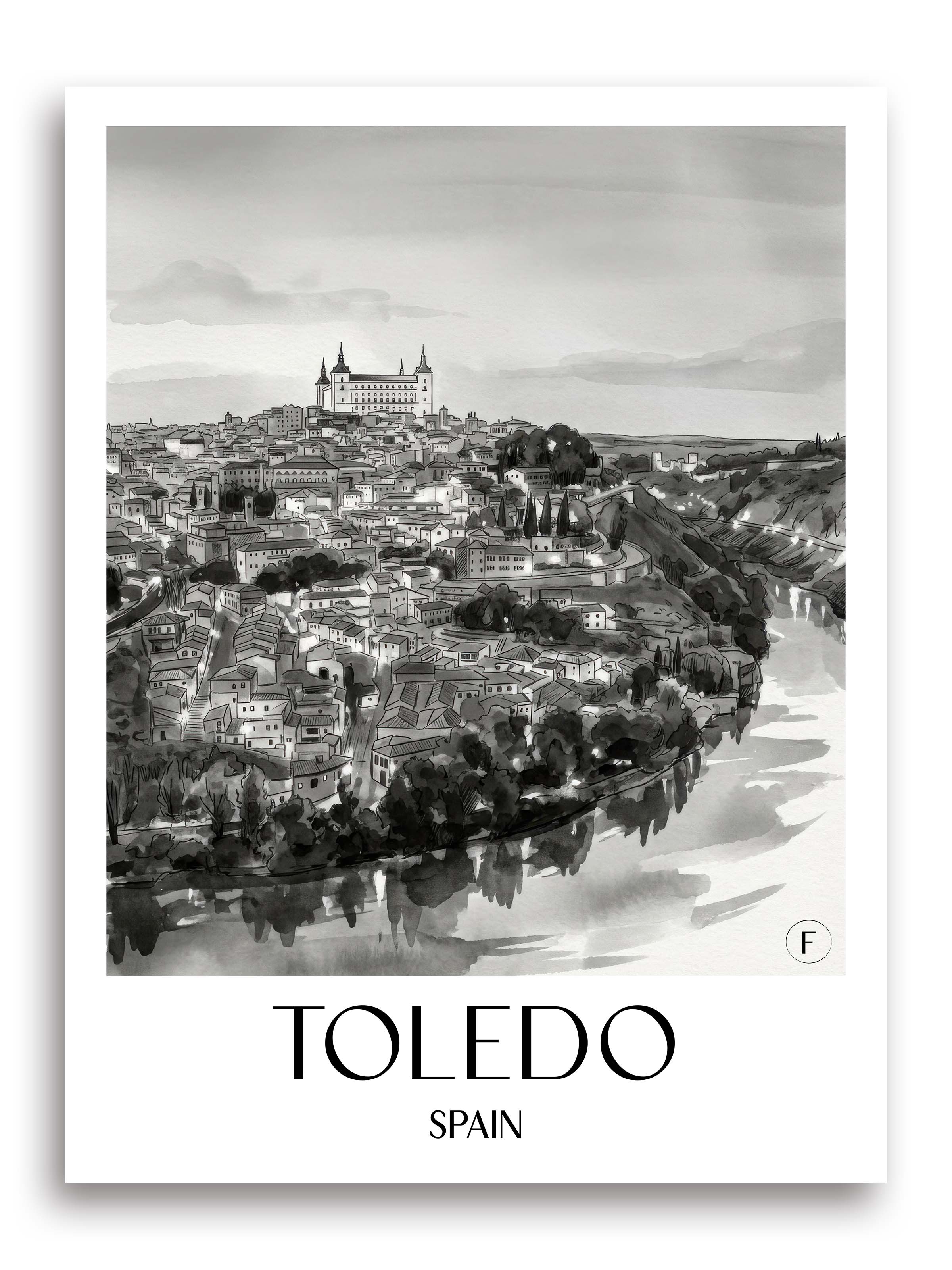 Toledo Poster - Spanien - Spanien Kunstdruck - Aquarell Schwarz-Weiß von A4 bis A1 - favplace