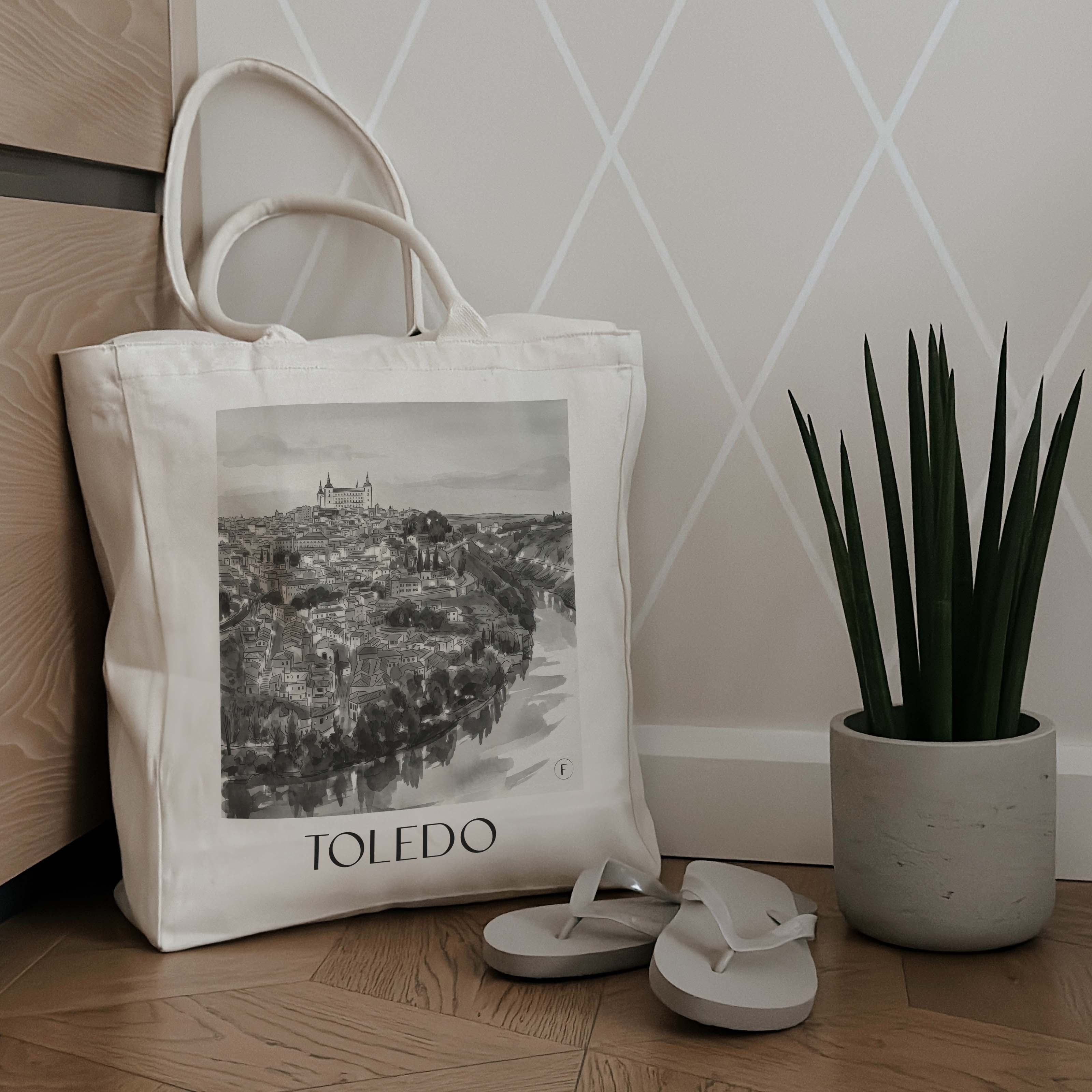toledo-spanien-spanien-einkaufstasche-aquarell-schwarz-weiss