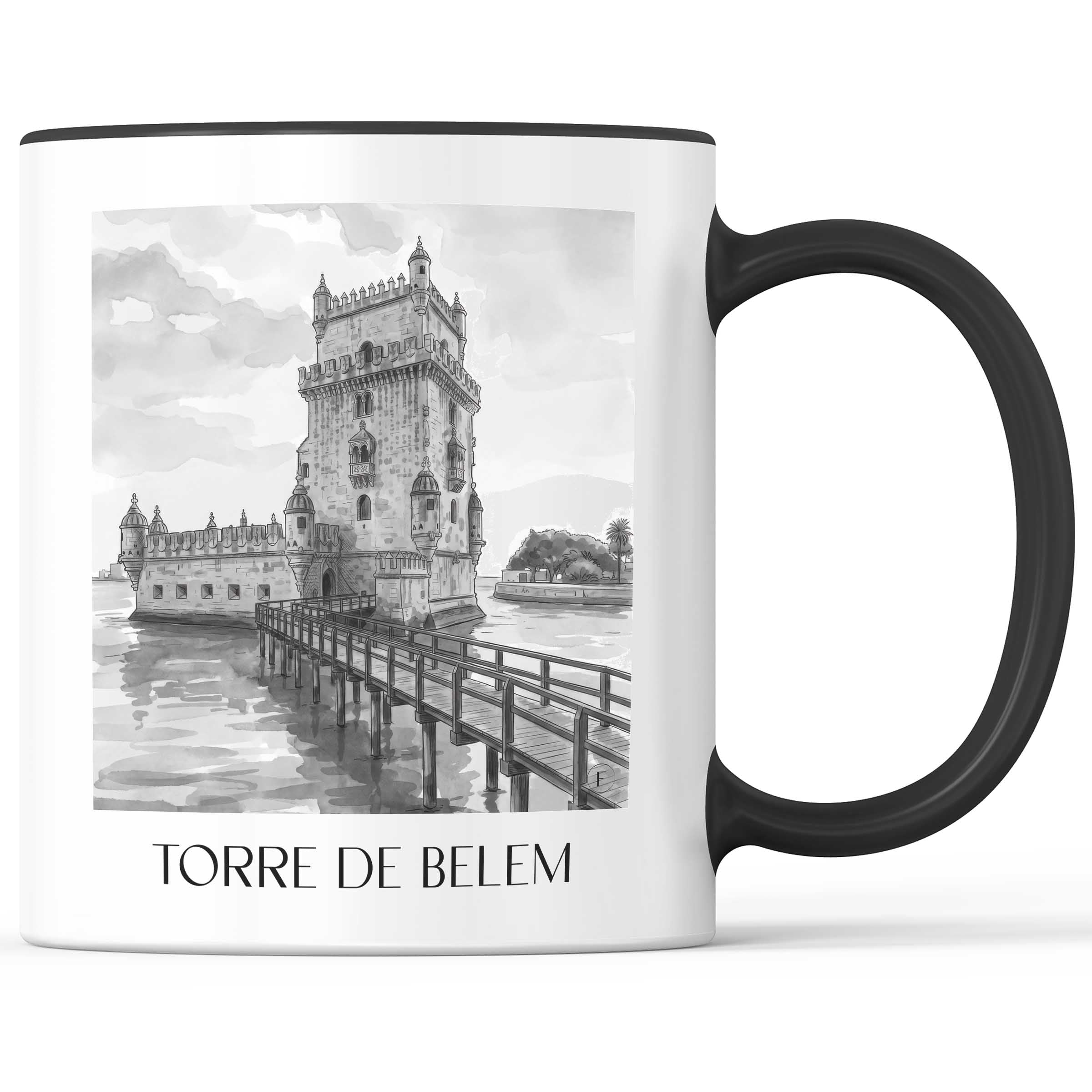 torre-de-belem-lissabon-portugal-kaffeebecher-aquarell-schwarz-weiss