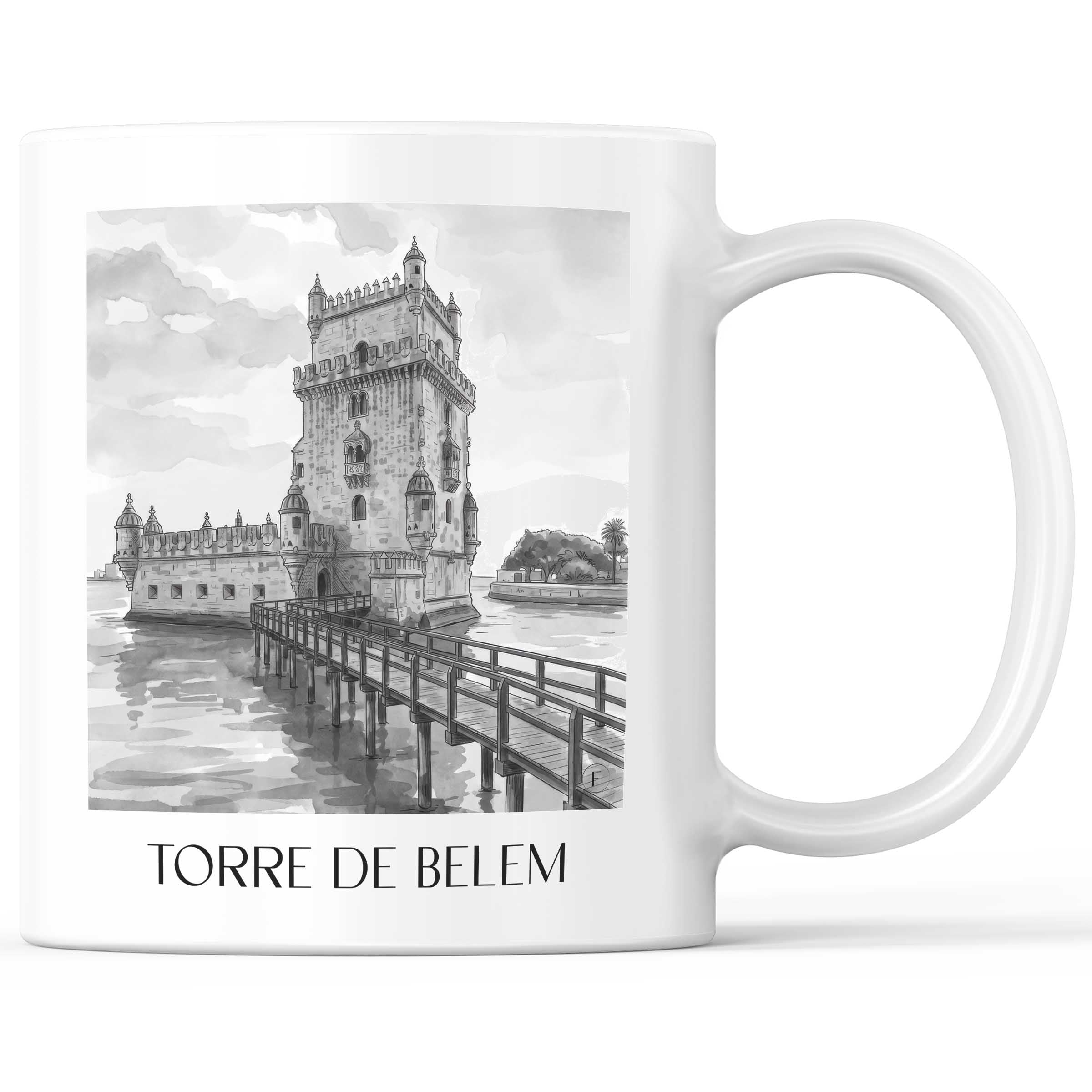 Torre de Belem Kaffeebecher - Lissabon - Portugal Becher - Kaffeetasse im Aquarell Schwarz-Weiß Stil - favplace