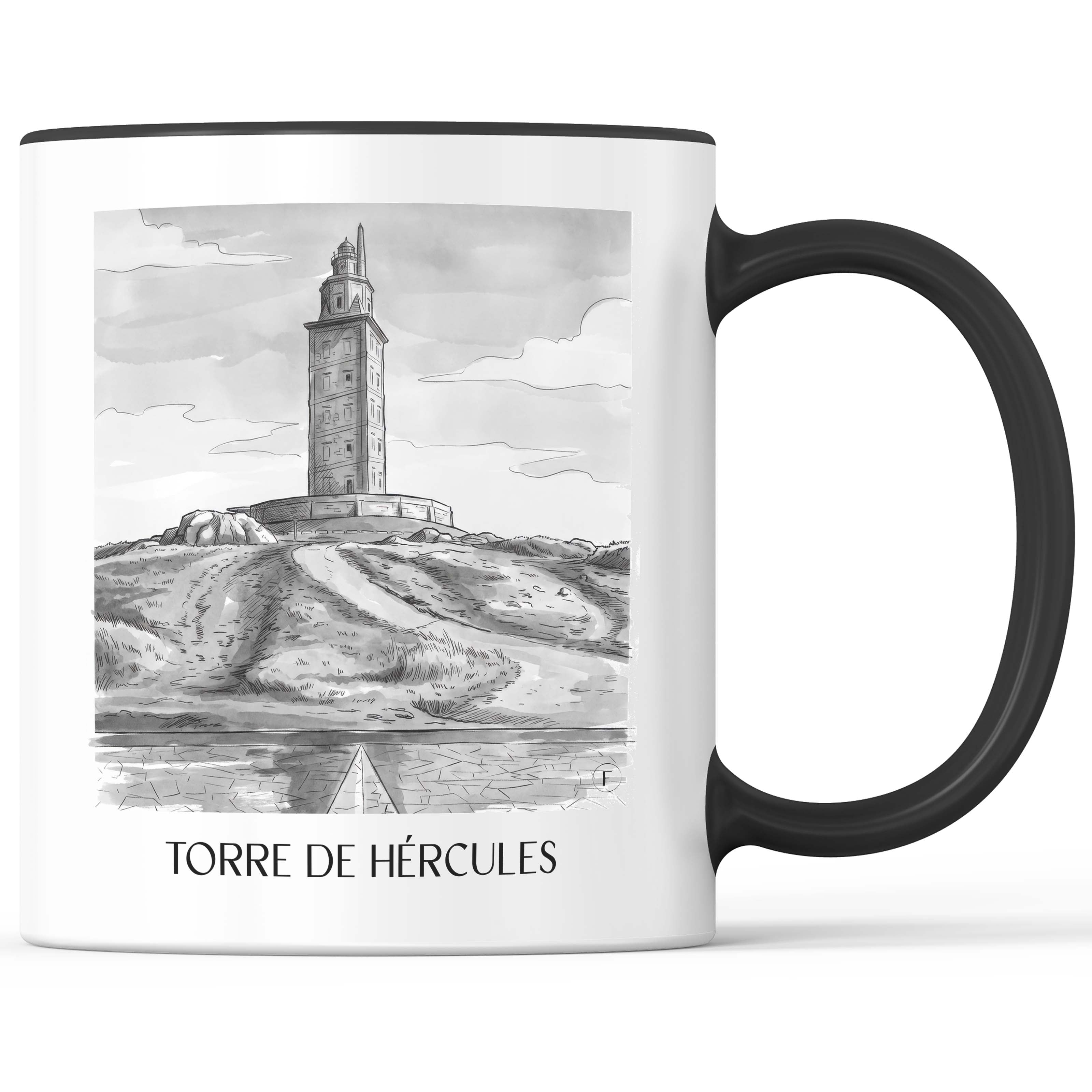 torre-de-hércules-a-coruña-spanien-kaffeebecher-aquarell-schwarz-weiss