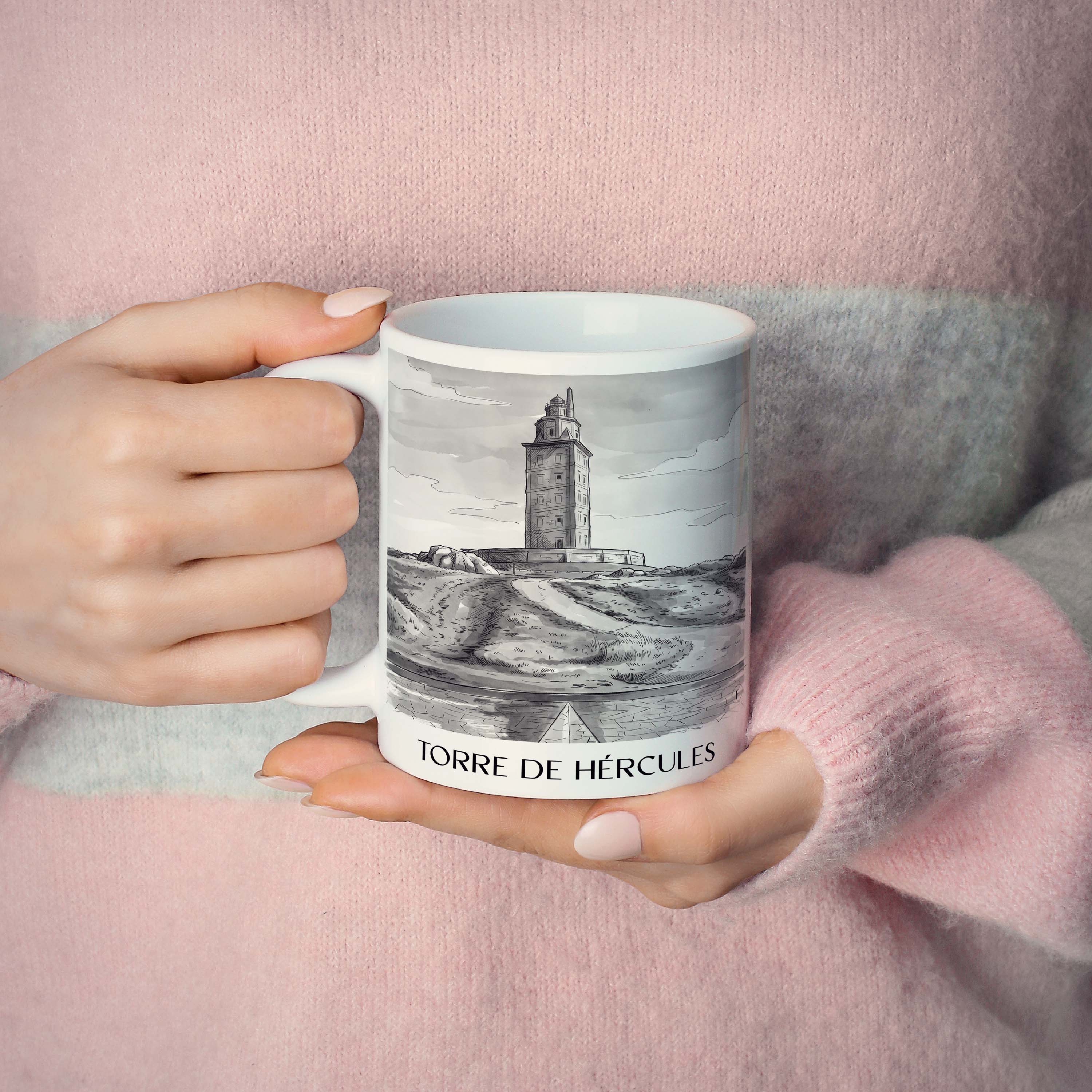 torre-de-hércules-a-coruña-spanien-kaffeebecher-aquarell-schwarz-weiss