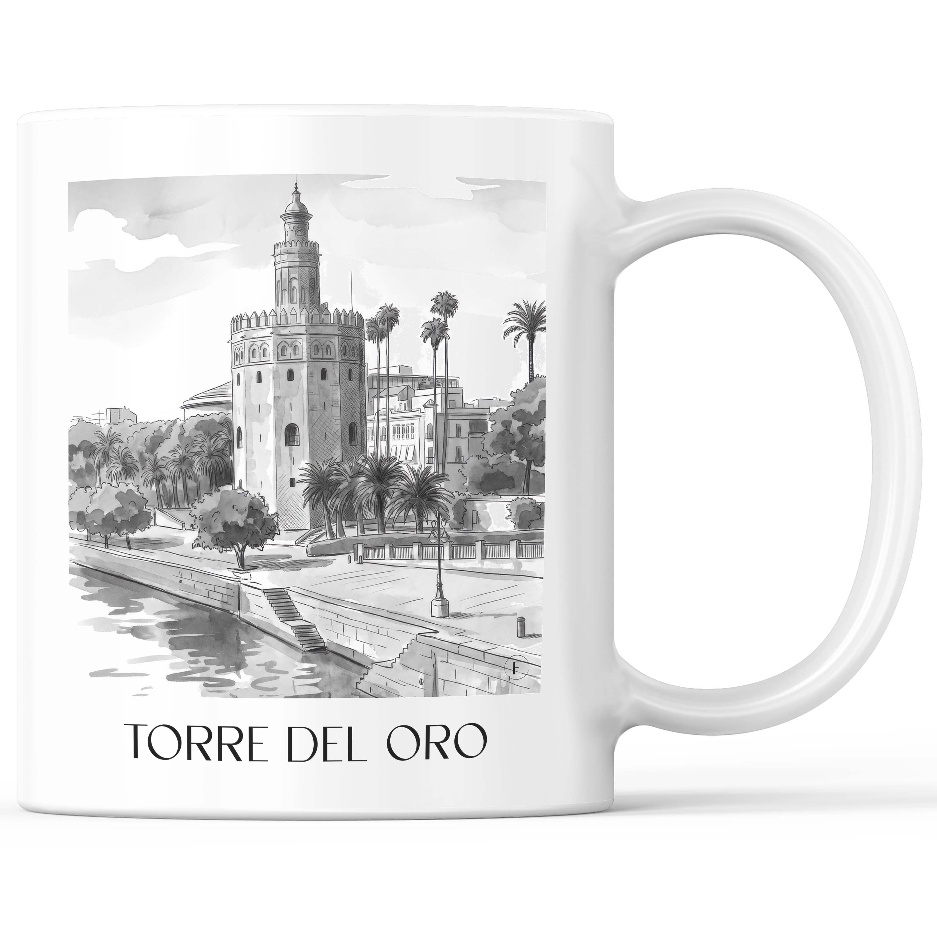 Torre del Oro Kaffeebecher - Sevilla - Spanien Becher - Kaffeetasse im Aquarell Schwarz-Weiß Stil - favplace