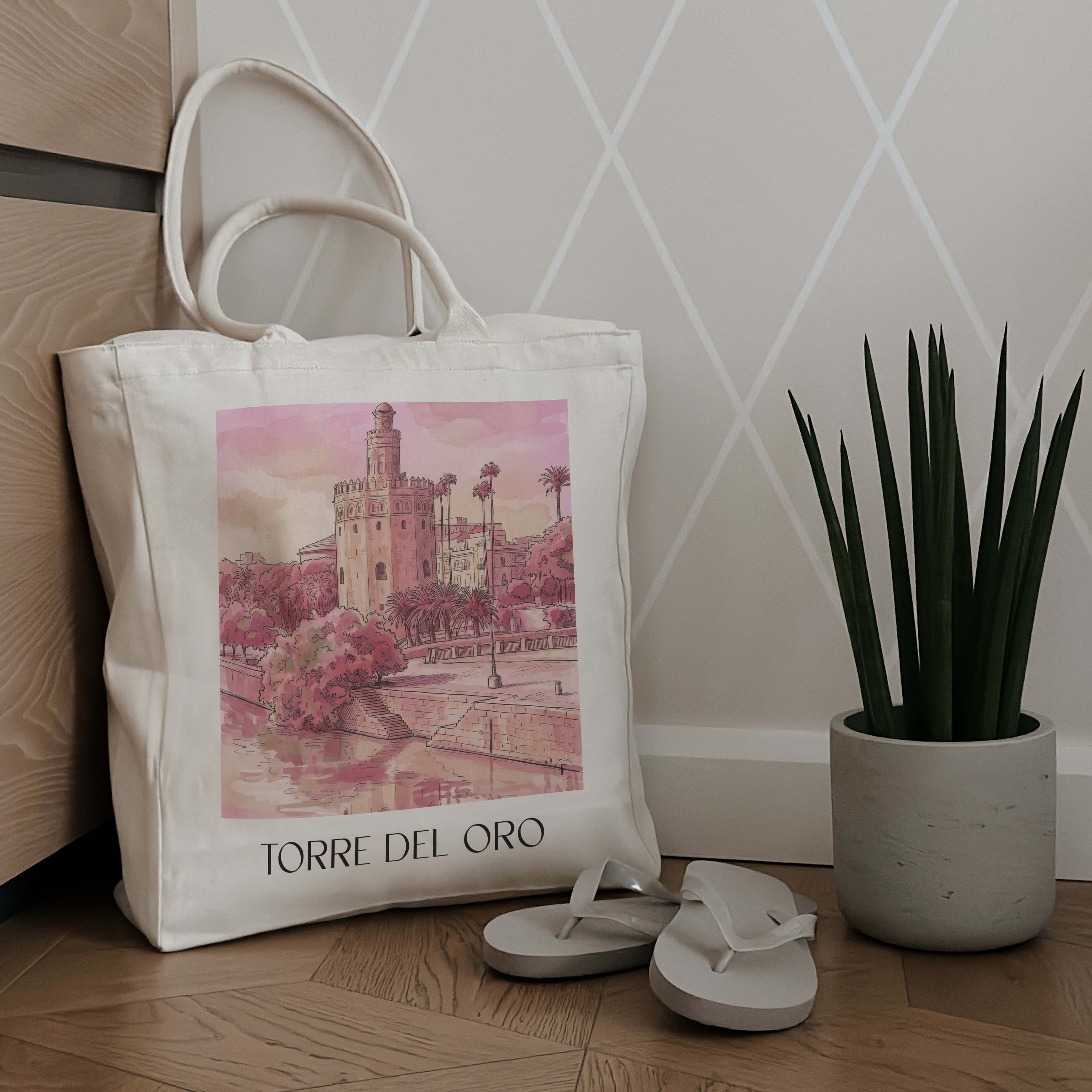 torre-del-oro-sevilla-spanien-einkaufstasche-aquarell-pink-rosa