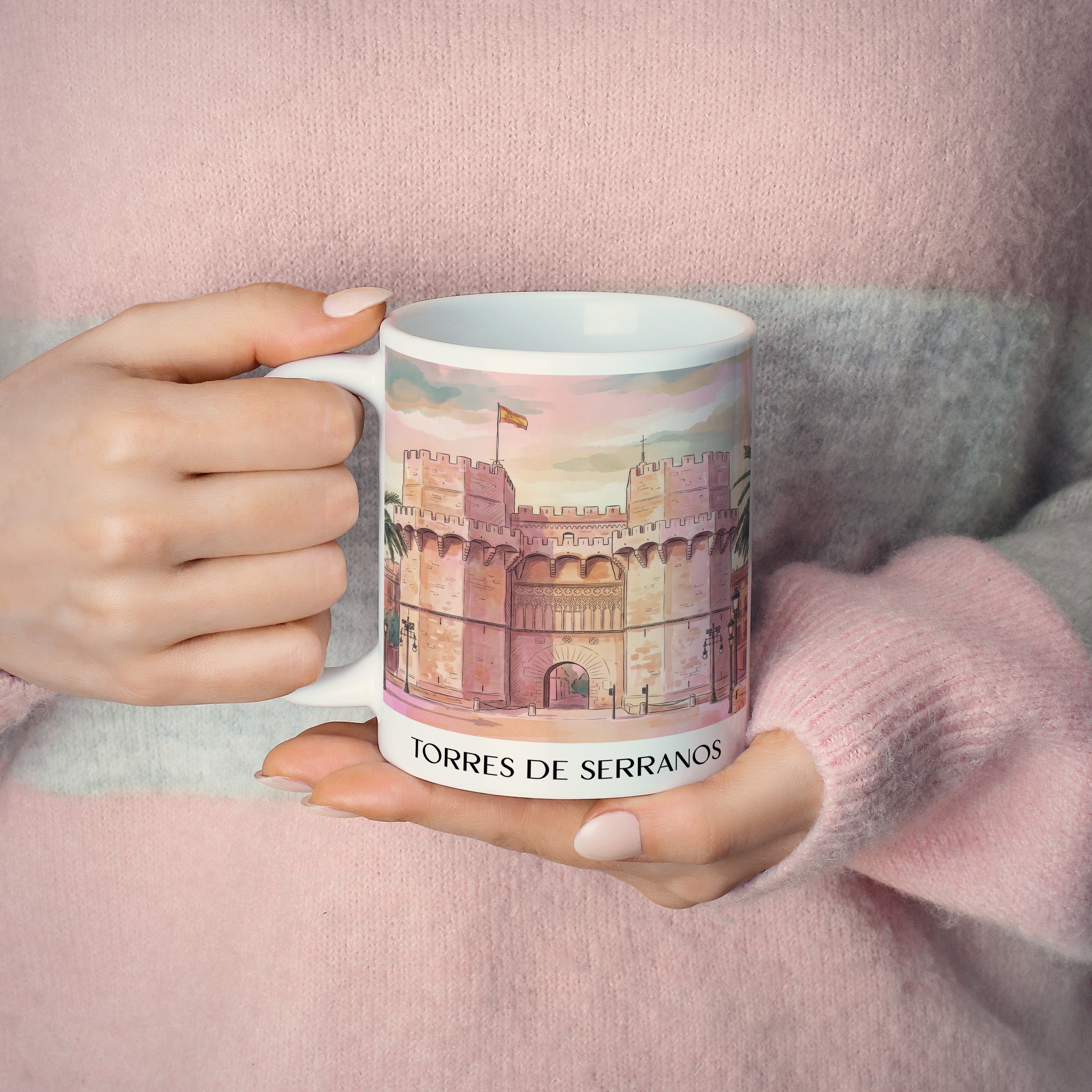 torres-de-serranos-valencia-spanien-kaffeebecher-aquarell-pink-rosa
