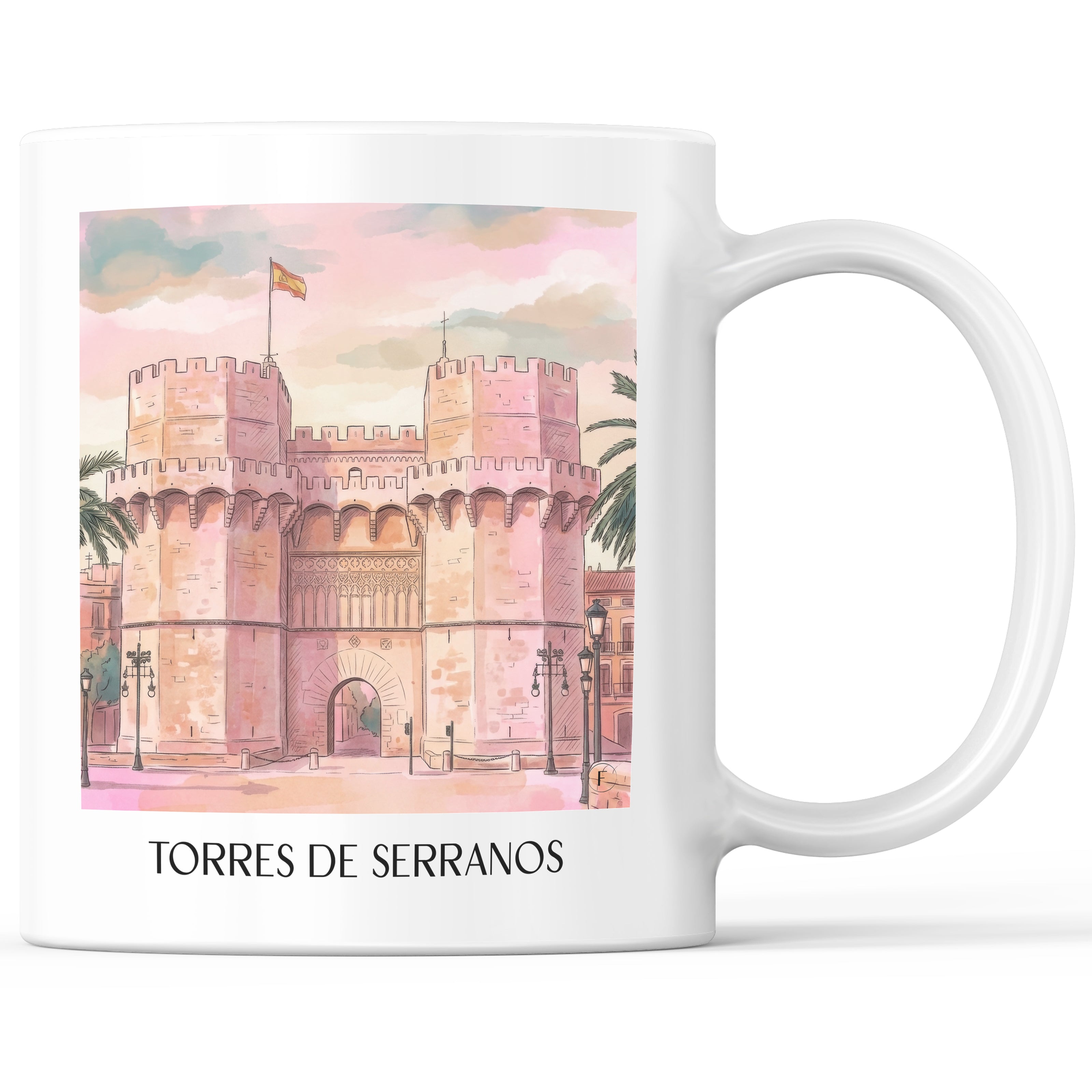 Torres de Serranos Kaffeebecher - Valencia - Spanien Becher - Kaffeetasse im Aquarell Pink Stil - favplace
