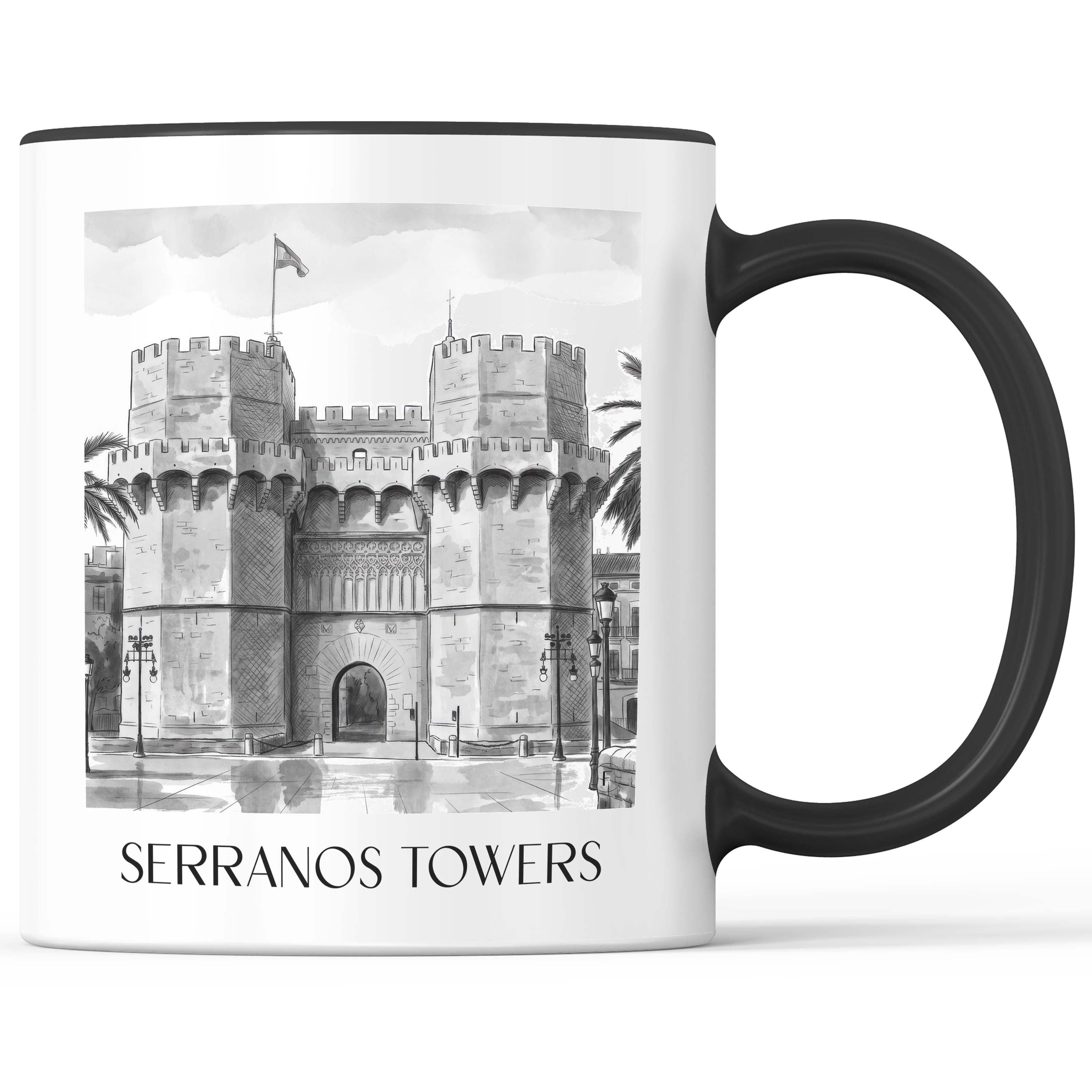Torres de Serranos Kaffeebecher - Valencia - Spanien Becher - Kaffeetasse im Aquarell Schwarz-Weiß Stil - favplace