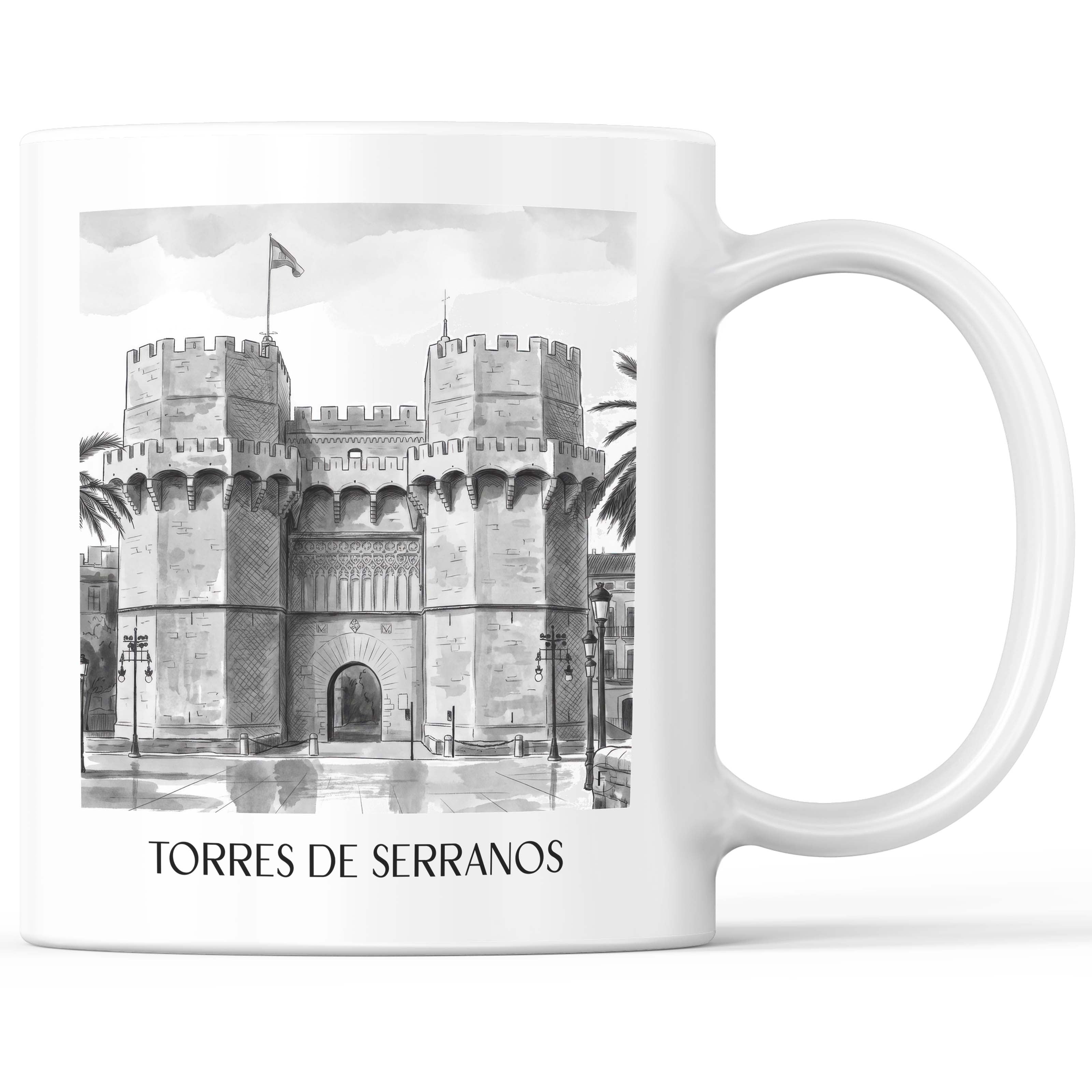 Torres de Serranos Kaffeebecher - Valencia - Spanien Becher - Kaffeetasse im Aquarell Schwarz-Weiß Stil - favplace
