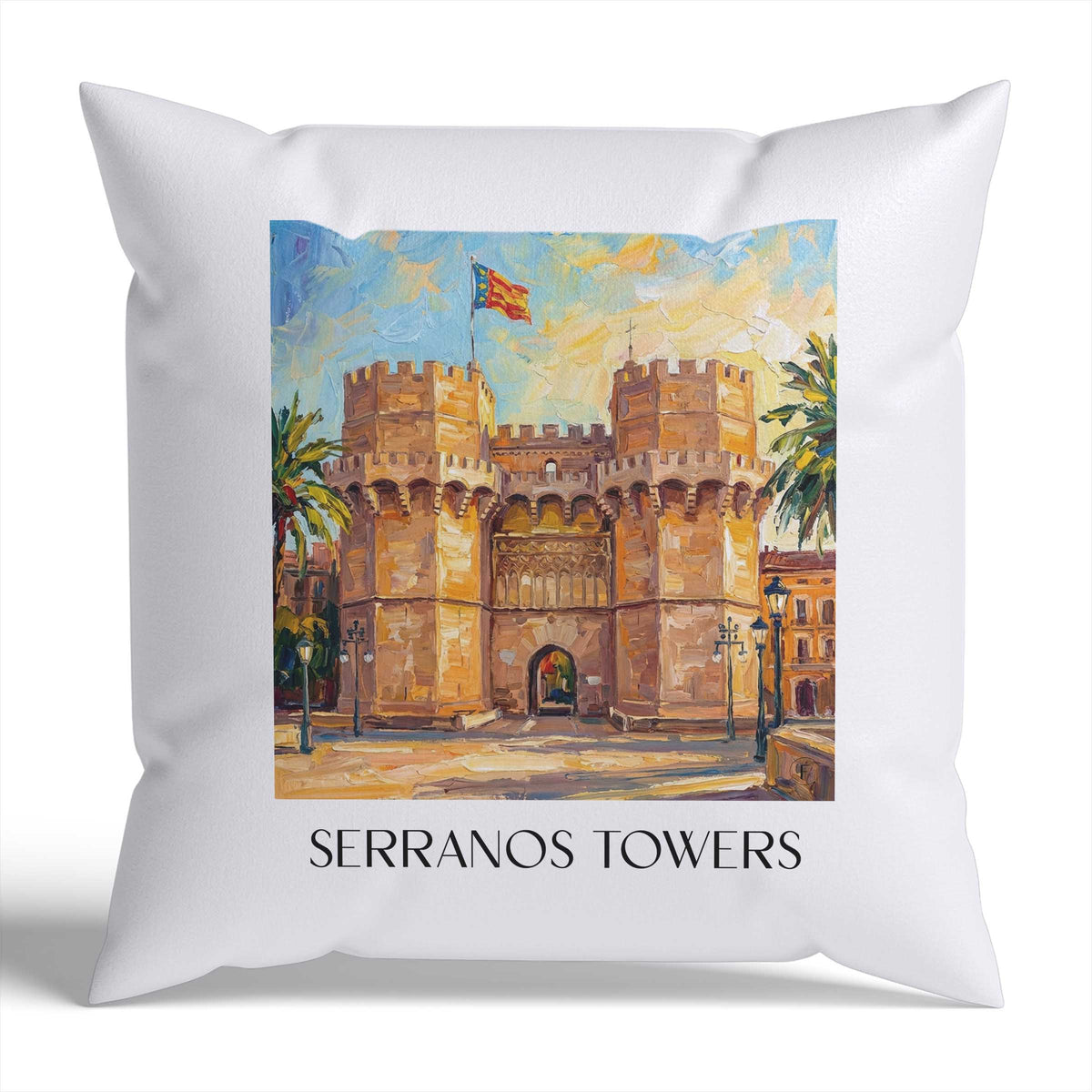Torres de Serranos Kissenhülle - Zierkissen Bezug - Valencia - Spanien Kissen bzw. Kissenbezug im Ölgemälde Stil - favplace