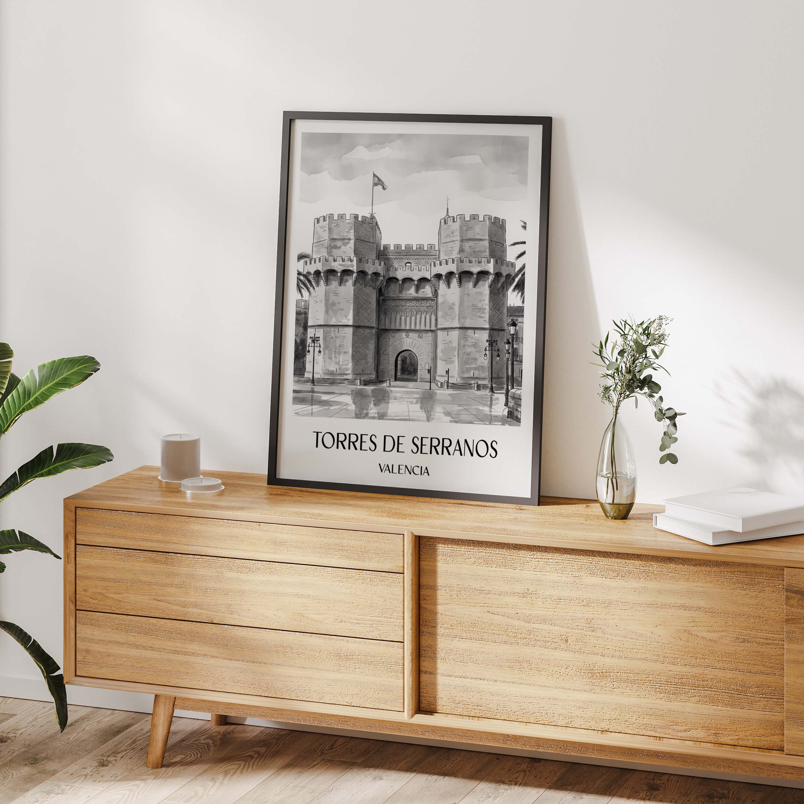 torres-de-serranos-valencia-spanien-poster-aquarell-schwarz-weiss