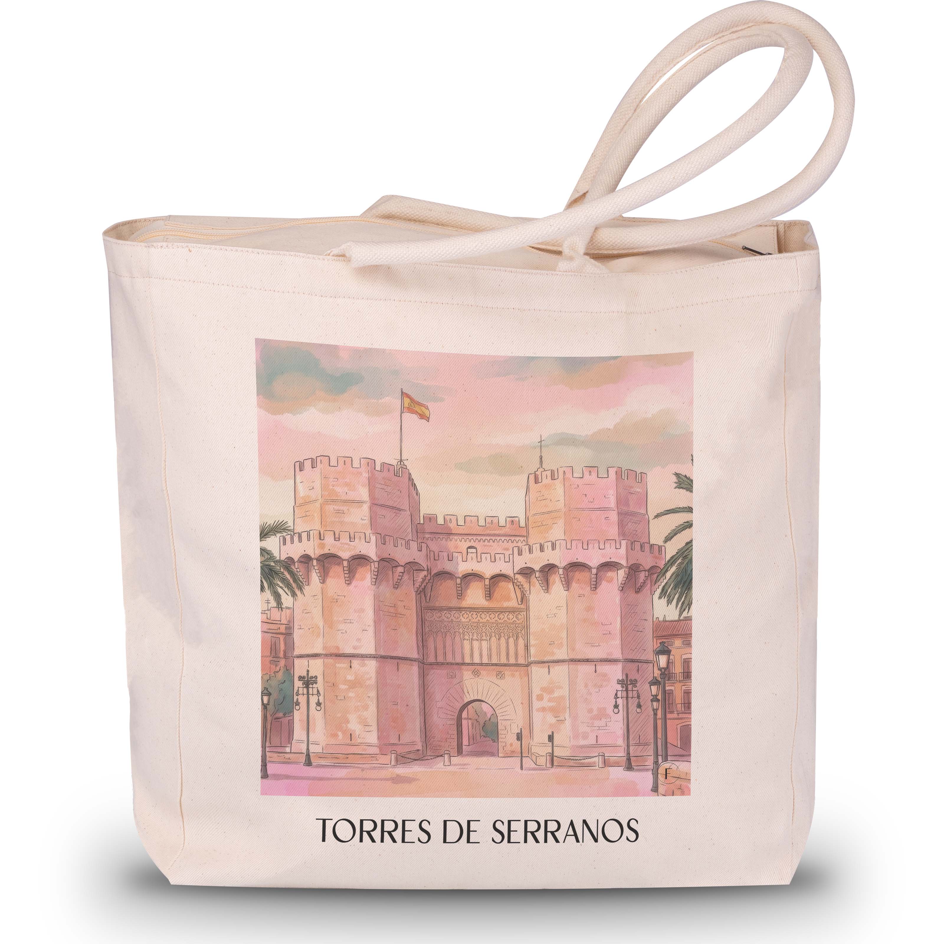 torres-de-serranos-valencia-spanien-einkaufstasche-aquarell-pink-rosa