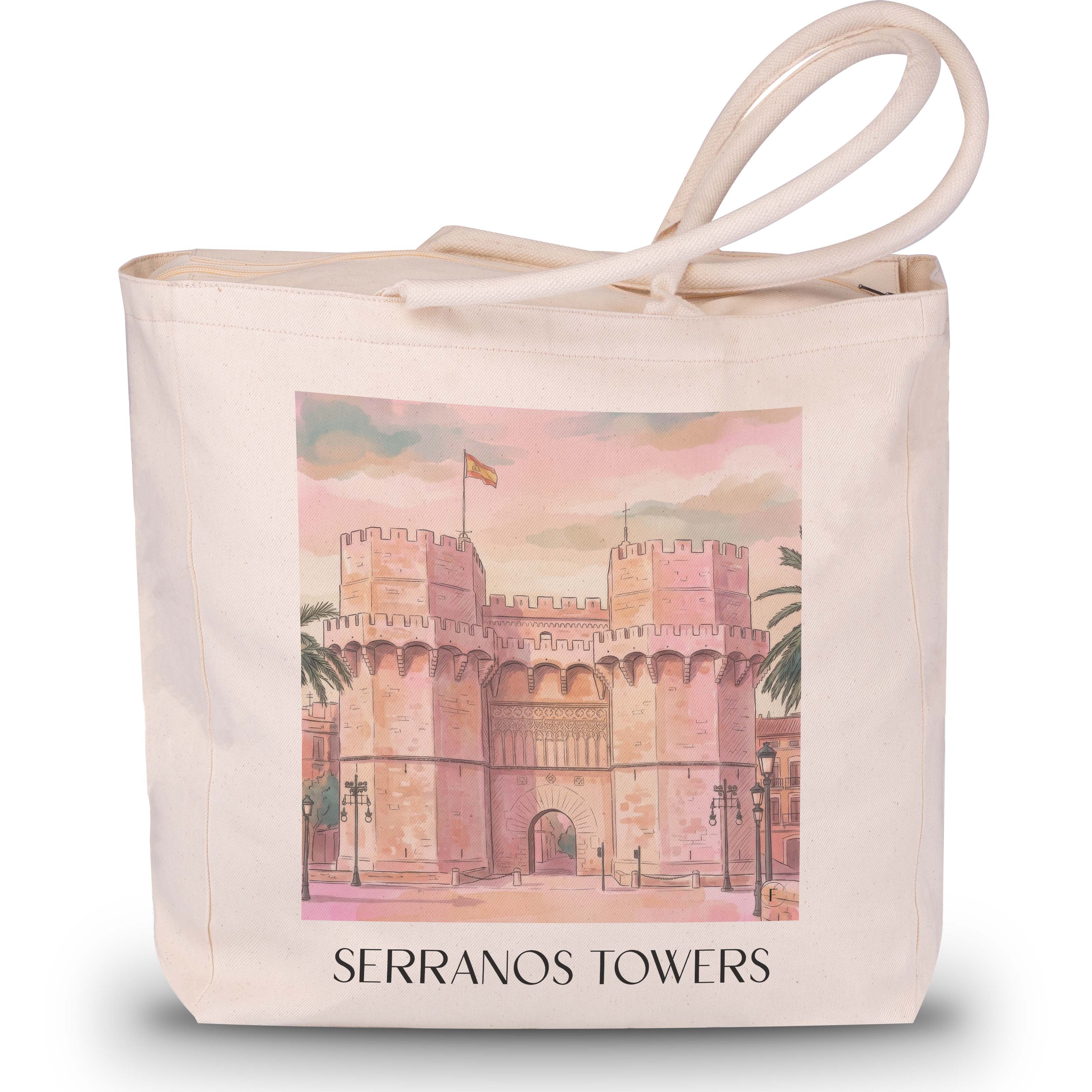 Torres de Serranos Shopping Tasche - Valencia - Spanien Tote Bag - Einkaufstasche im Aquarell Pink Stil - favplace