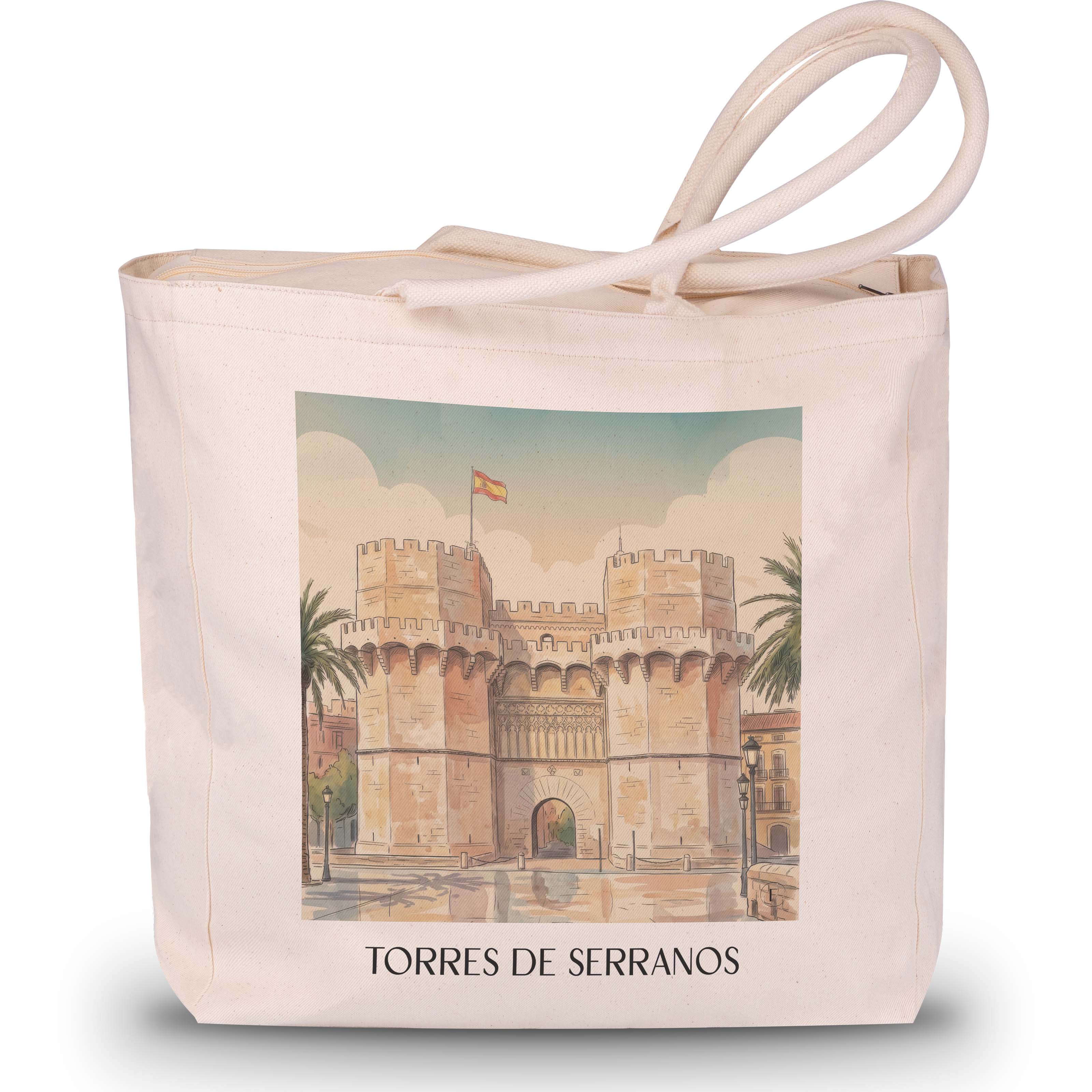 torres-de-serranos-valencia-spanien-einkaufstasche-aquarell