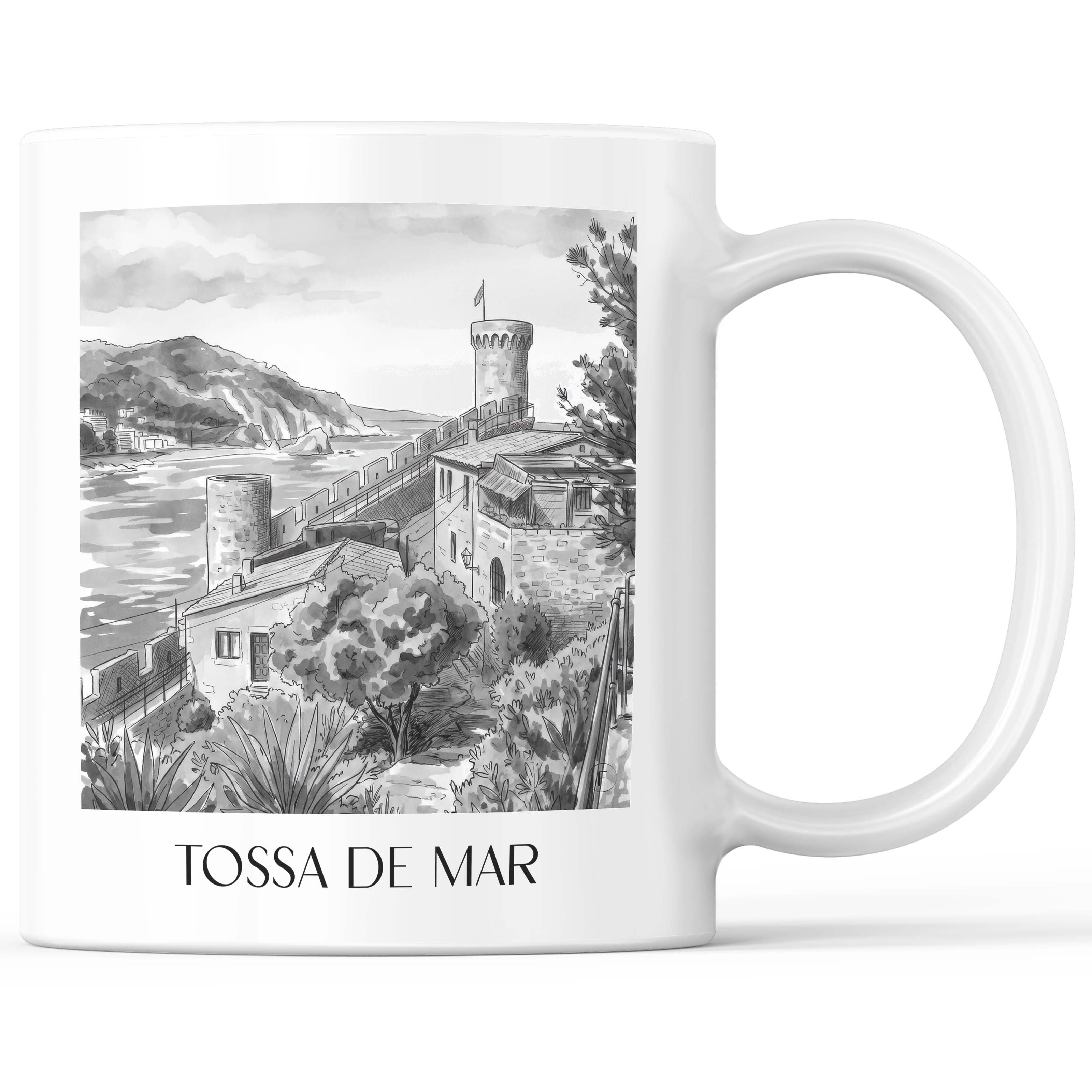 Tossa de Mar Kaffeebecher - Spanien - Spanien Becher - Kaffeetasse im Aquarell Schwarz-Weiß Stil - favplace