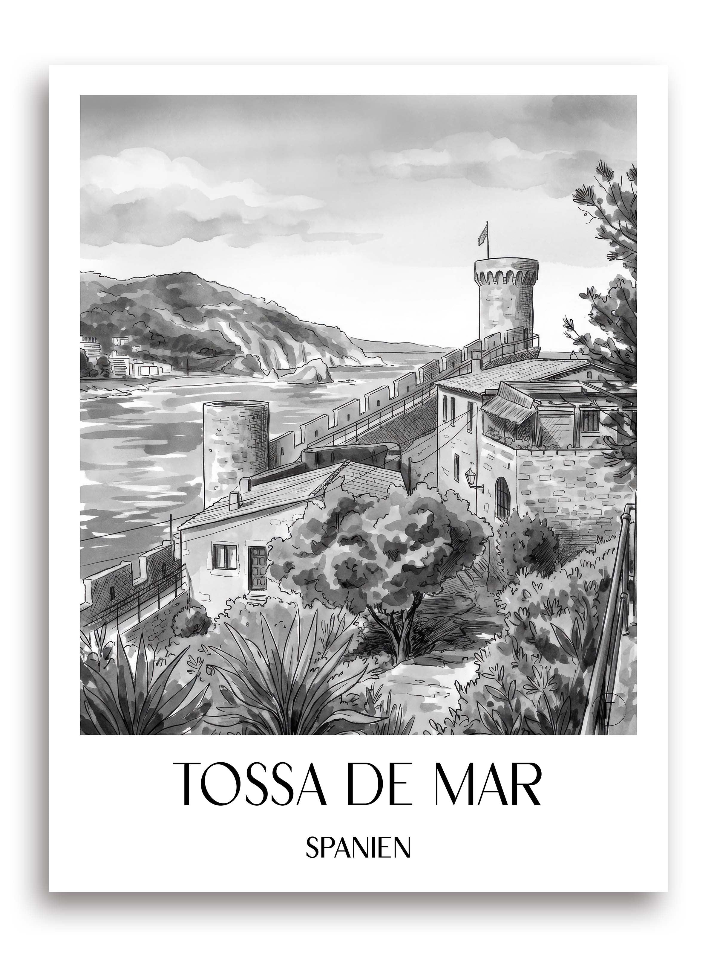 tossa-de-mar-spanien-spanien-poster-aquarell-schwarz-weiss