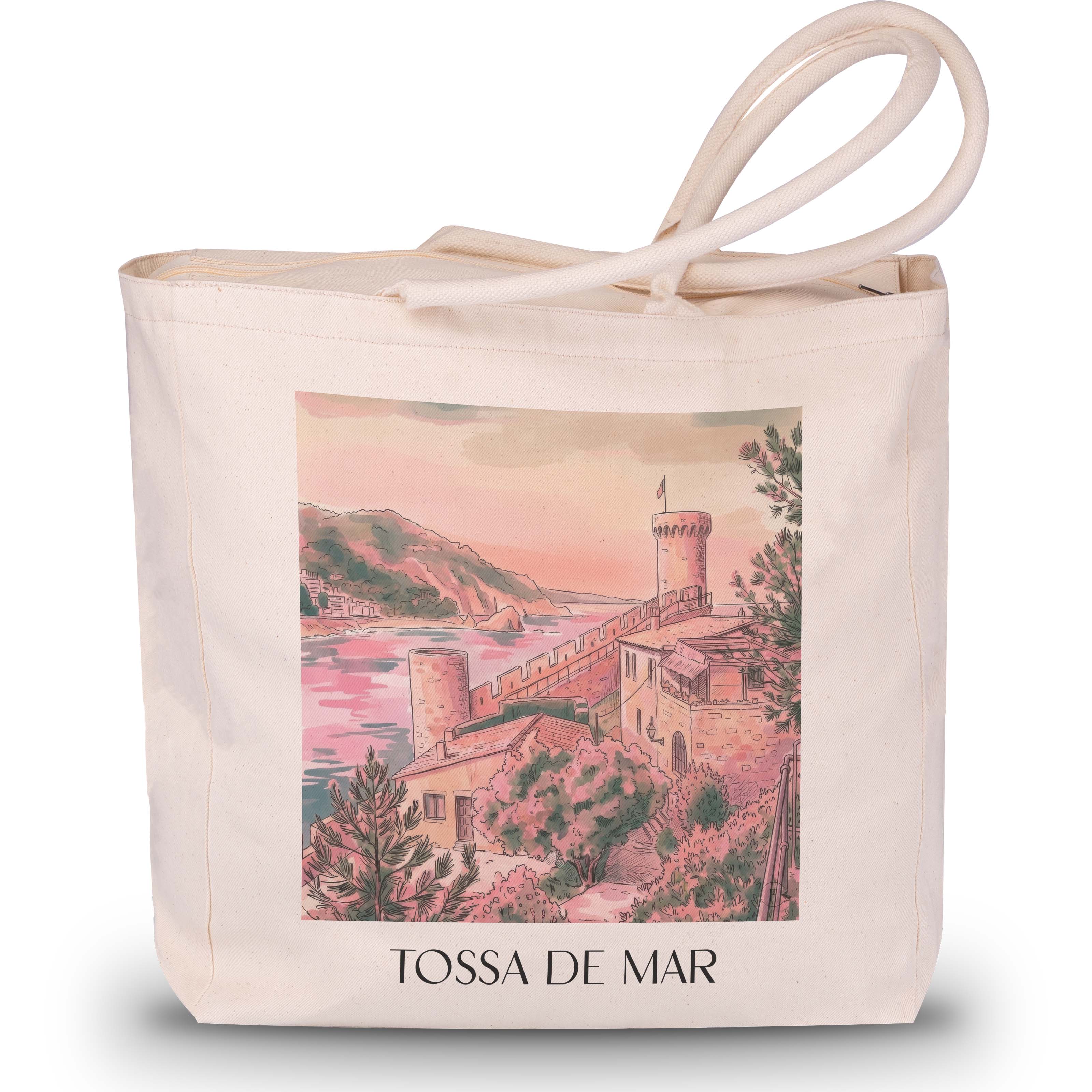 Tossa de Mar Shopping Tasche - Spanien - Spanien Tote Bag - Einkaufstasche im Aquarell Pink Stil - favplace