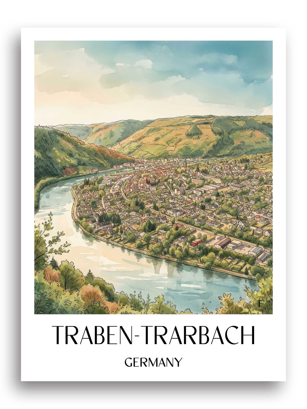 Traben-Trarbach Poster - Rheinland-Pfalz - Deutschland Kunstdruck - Aquarell von A4 bis A1 - favplace