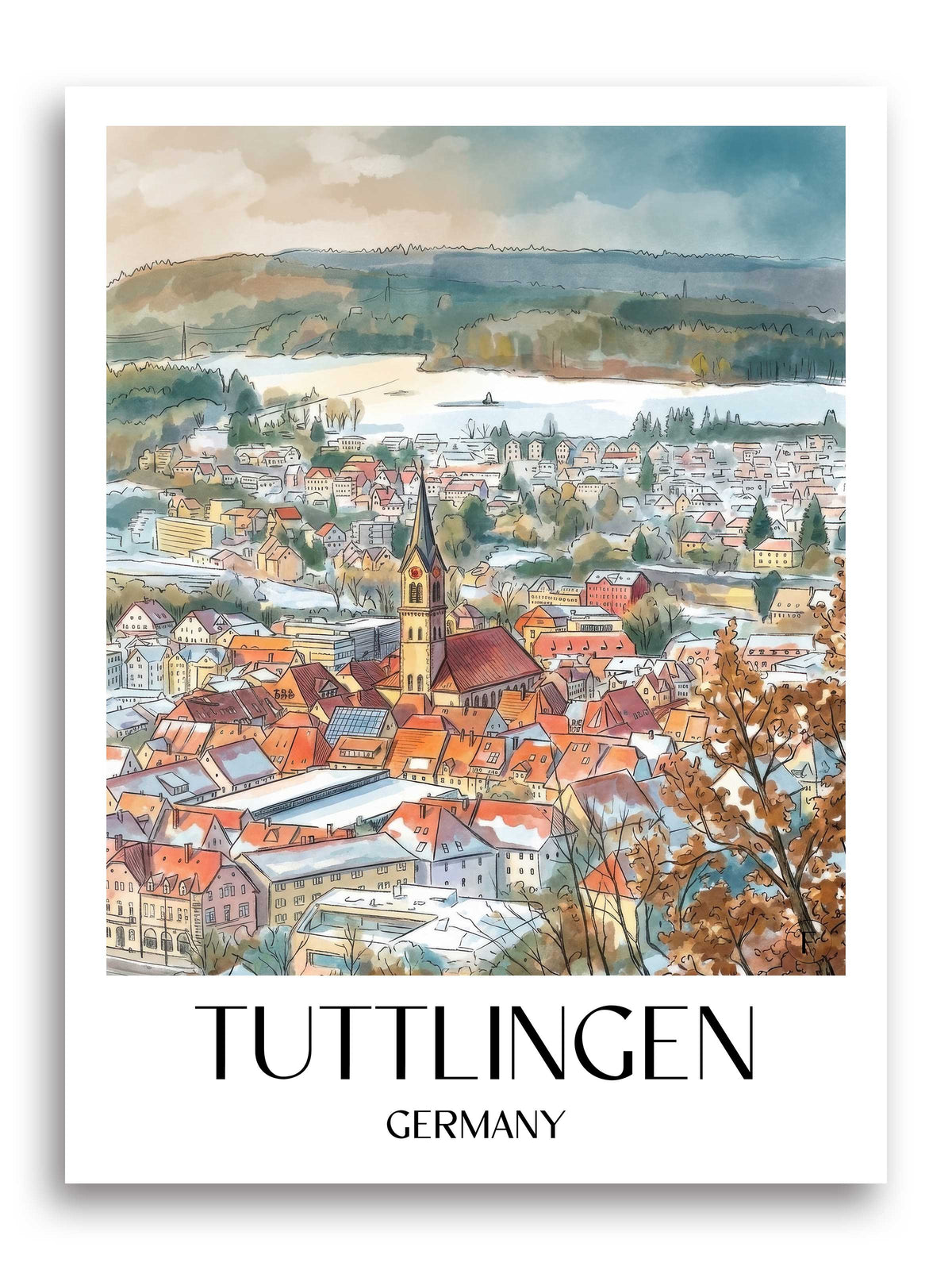 Tuttlingen (im Winter) Poster - Schwarzwald - Deutschland Kunstdruck - Aquarell von A4 bis A1 - favplace