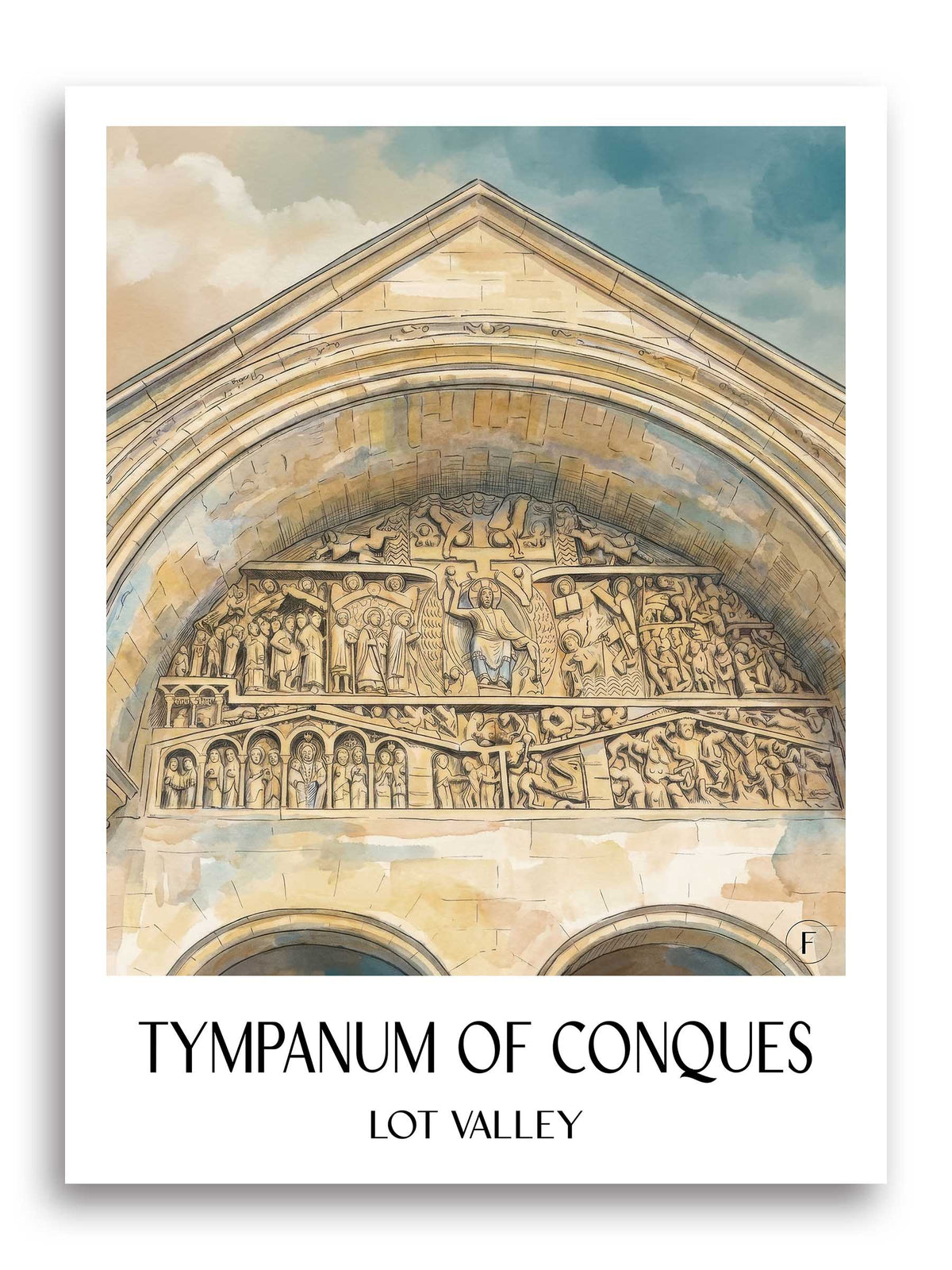 Tympan de Conques Poster - Vallée du Lot - Frankreich Kunstdruck - Aquarell von A4 bis A1 - favplace