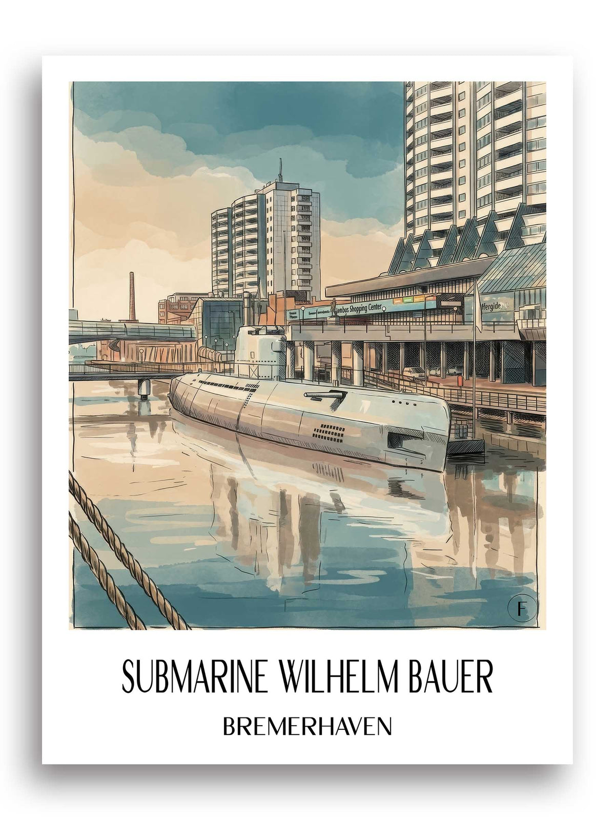 U-Boot Wilhelm Bauer Poster - Bremerhaven - Deutschland Kunstdruck - Aquarell von A4 bis A1 - favplace