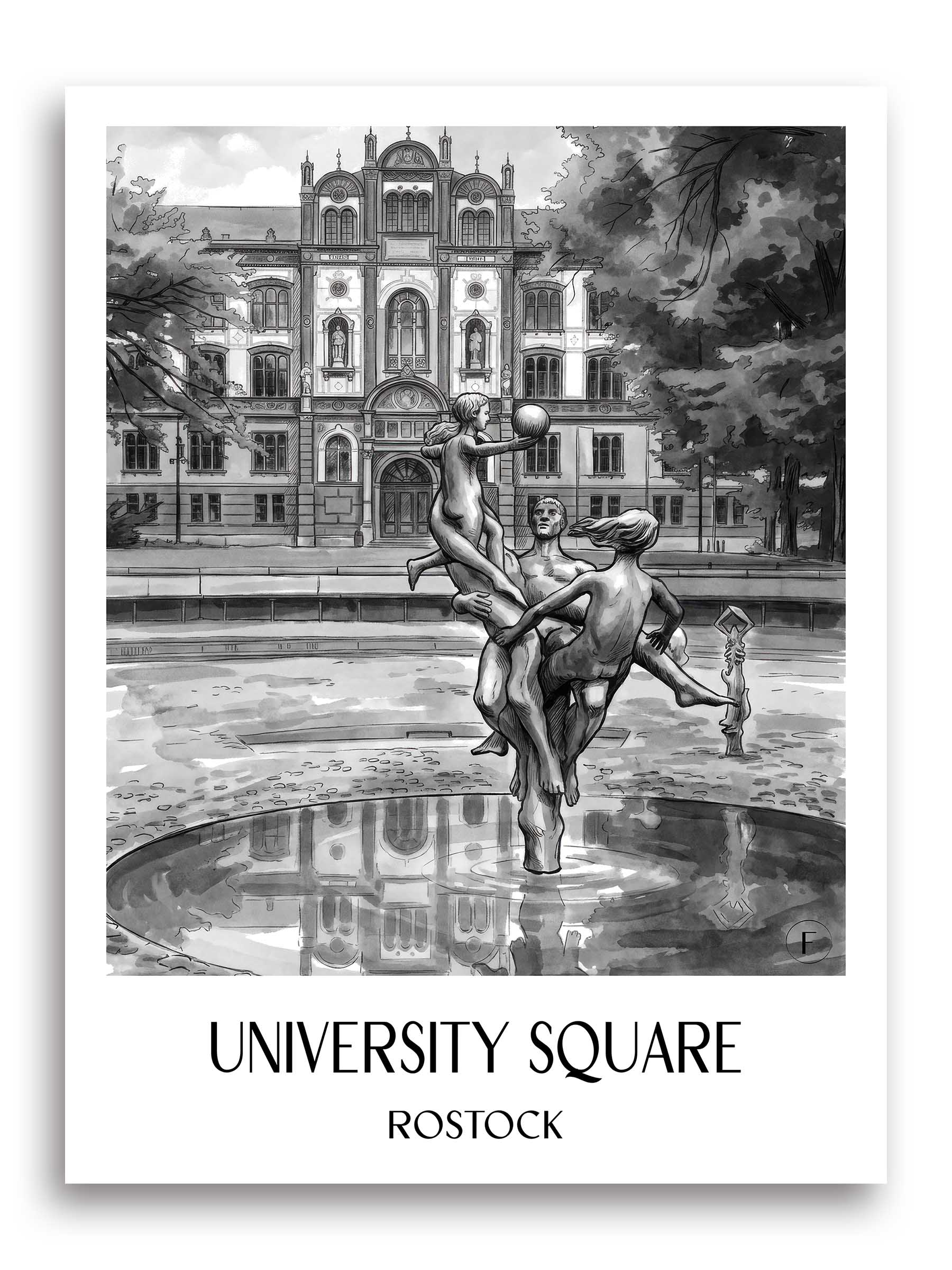 Universitätsplatz Poster - Rostock - Deutschland Kunstdruck - Aquarell Schwarz-Weiß von A4 bis A1 - favplace
