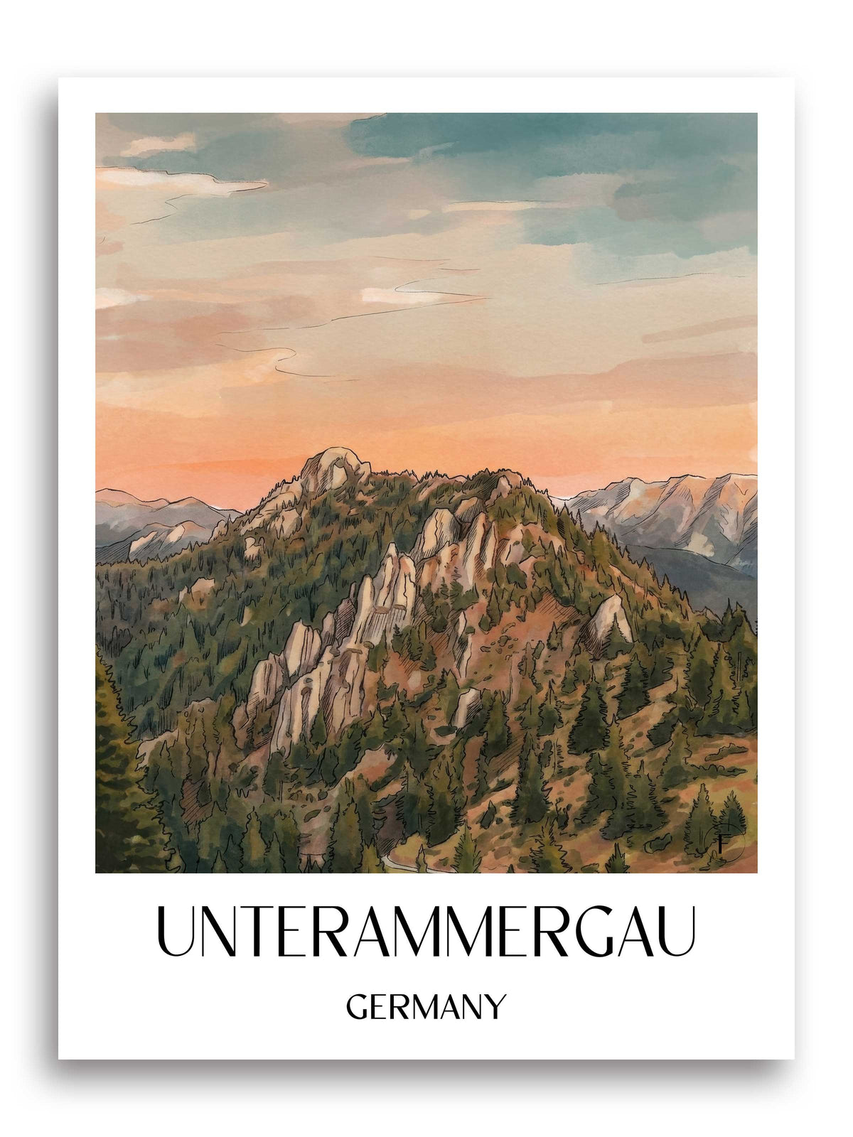 Unterammergau Poster - Bayern - Deutschland Kunstdruck - Aquarell von A4 bis A1 - favplace