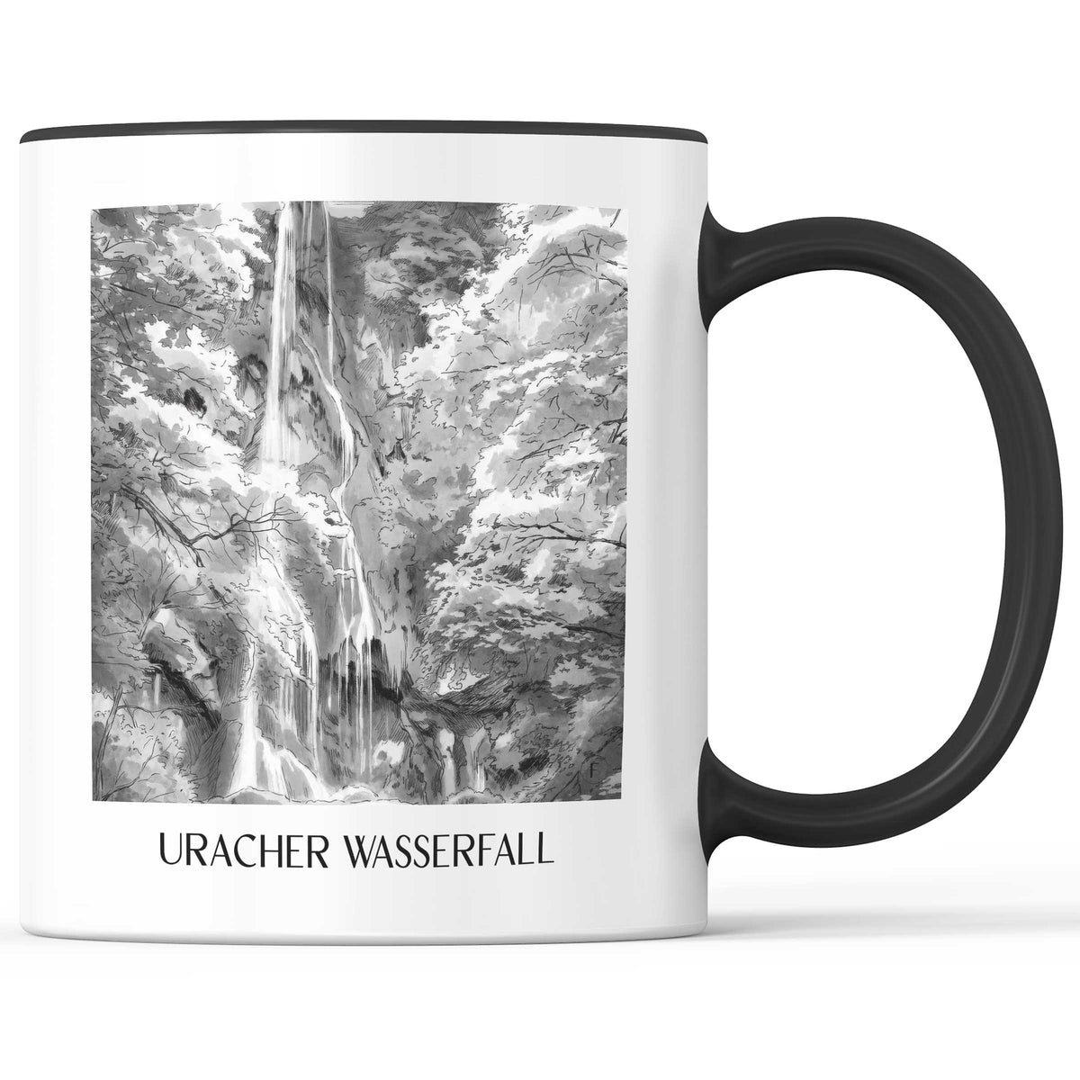 uracher-wasserfall-schwäbische-alb-deutschland-kaffeebecher-aquarell-schwarz-weiss