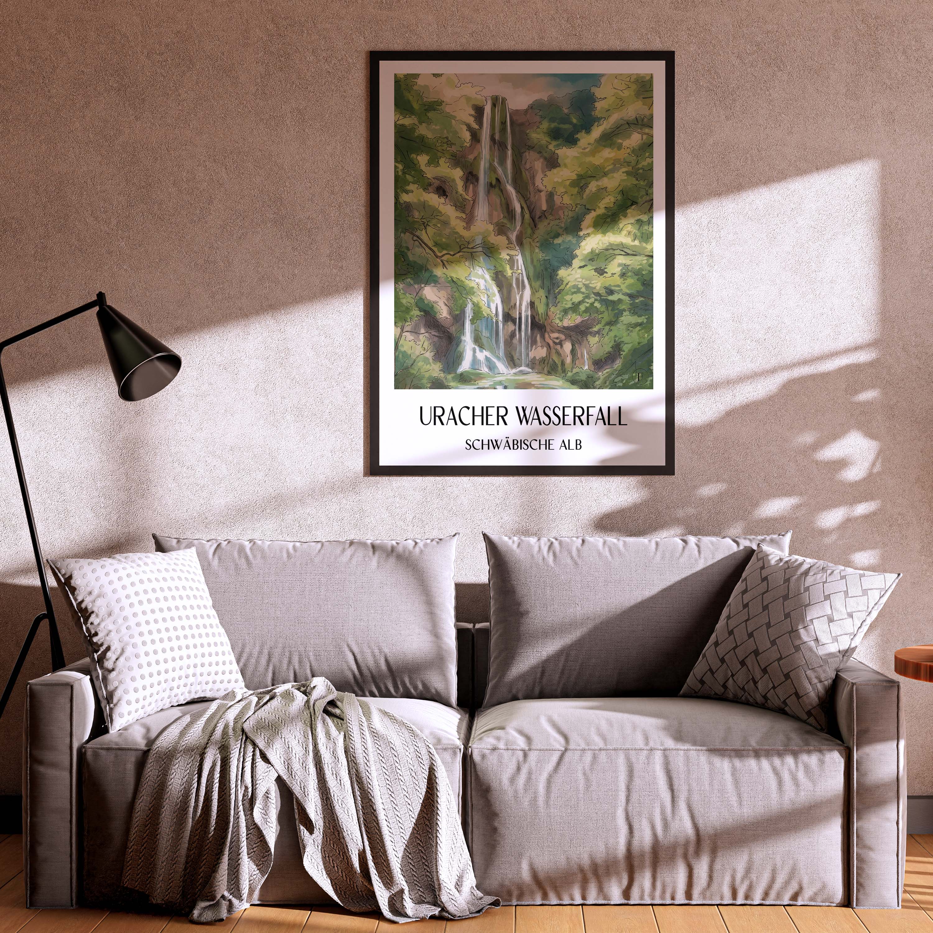 uracher-wasserfall-schwäbische-alb-deutschland-poster-aquarell
