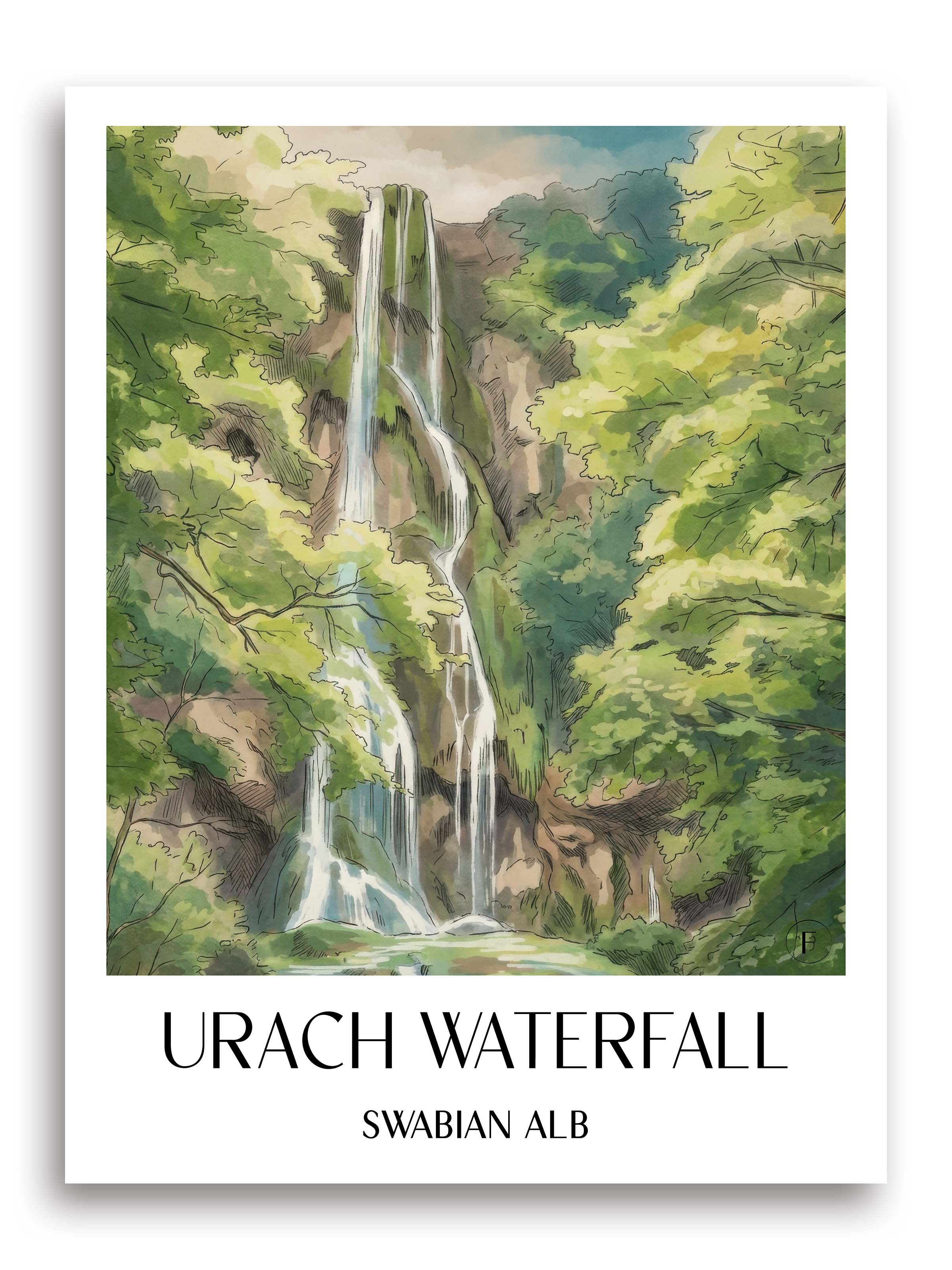 Uracher Wasserfall Poster - Schwäbische Alb - Deutschland Kunstdruck - Aquarell von A4 bis A1 - favplace
