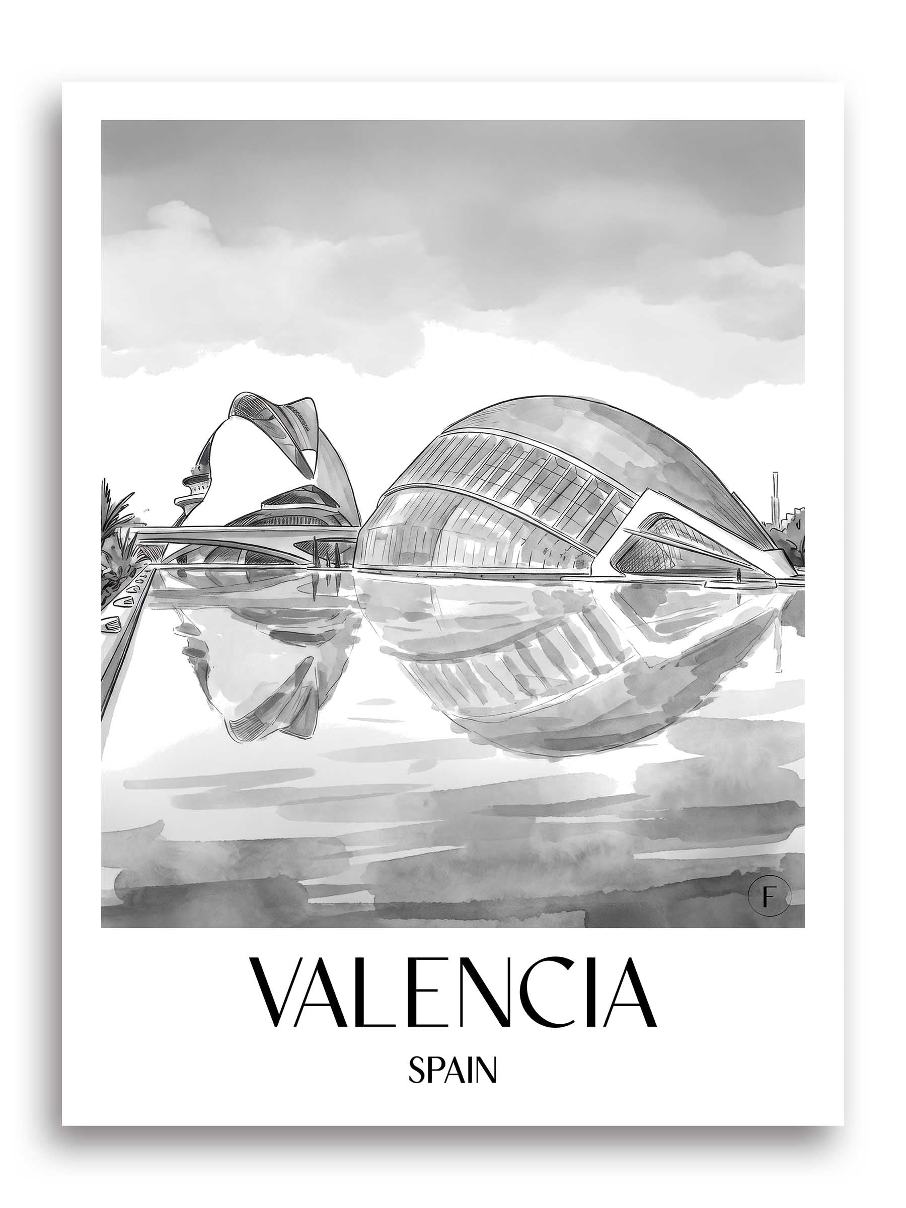 Valencia Poster - - Spanien Kunstdruck - Aquarell Schwarz-Weiß von A4 bis A1 - favplace