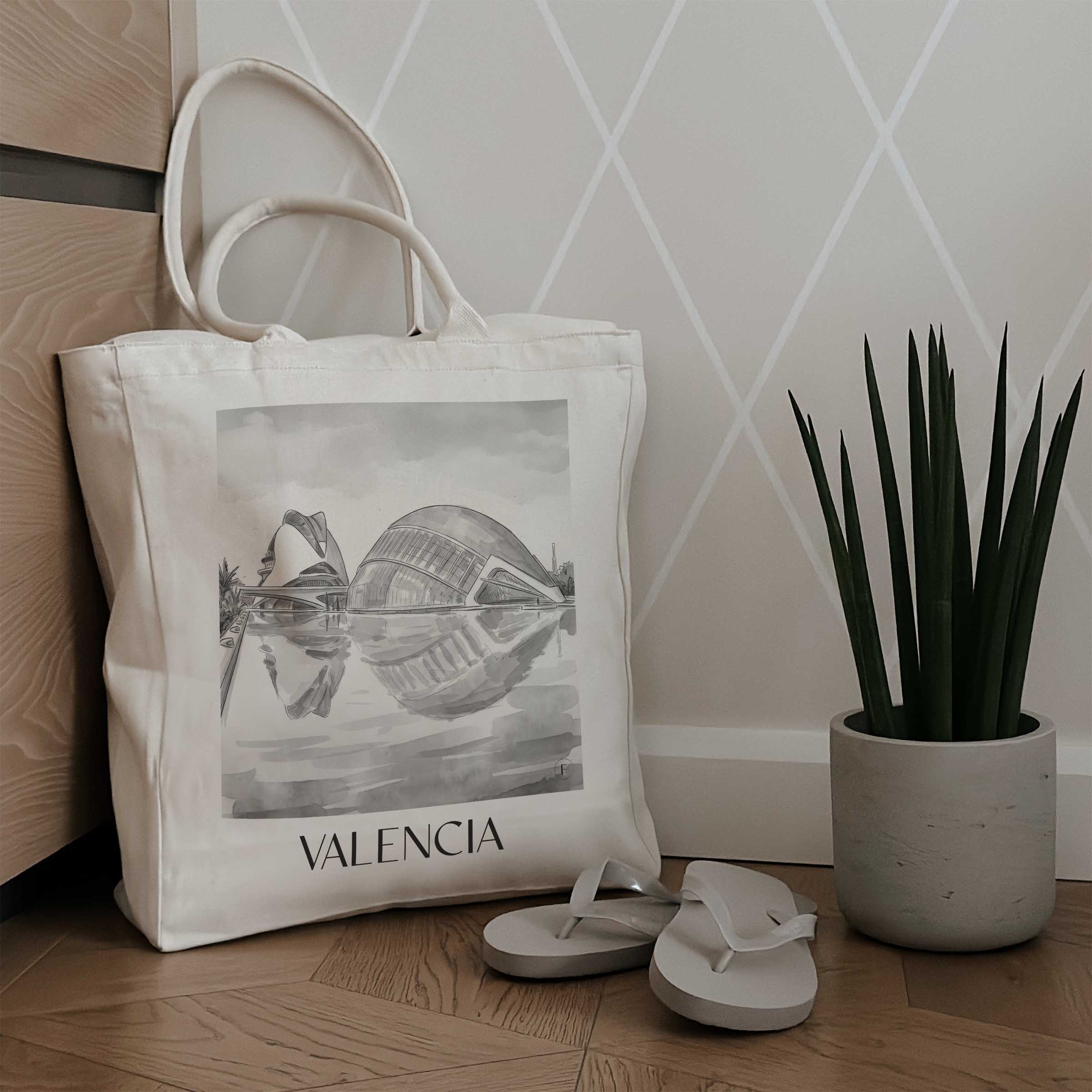 valencia-spanien-einkaufstasche-aquarell-schwarz-weiss