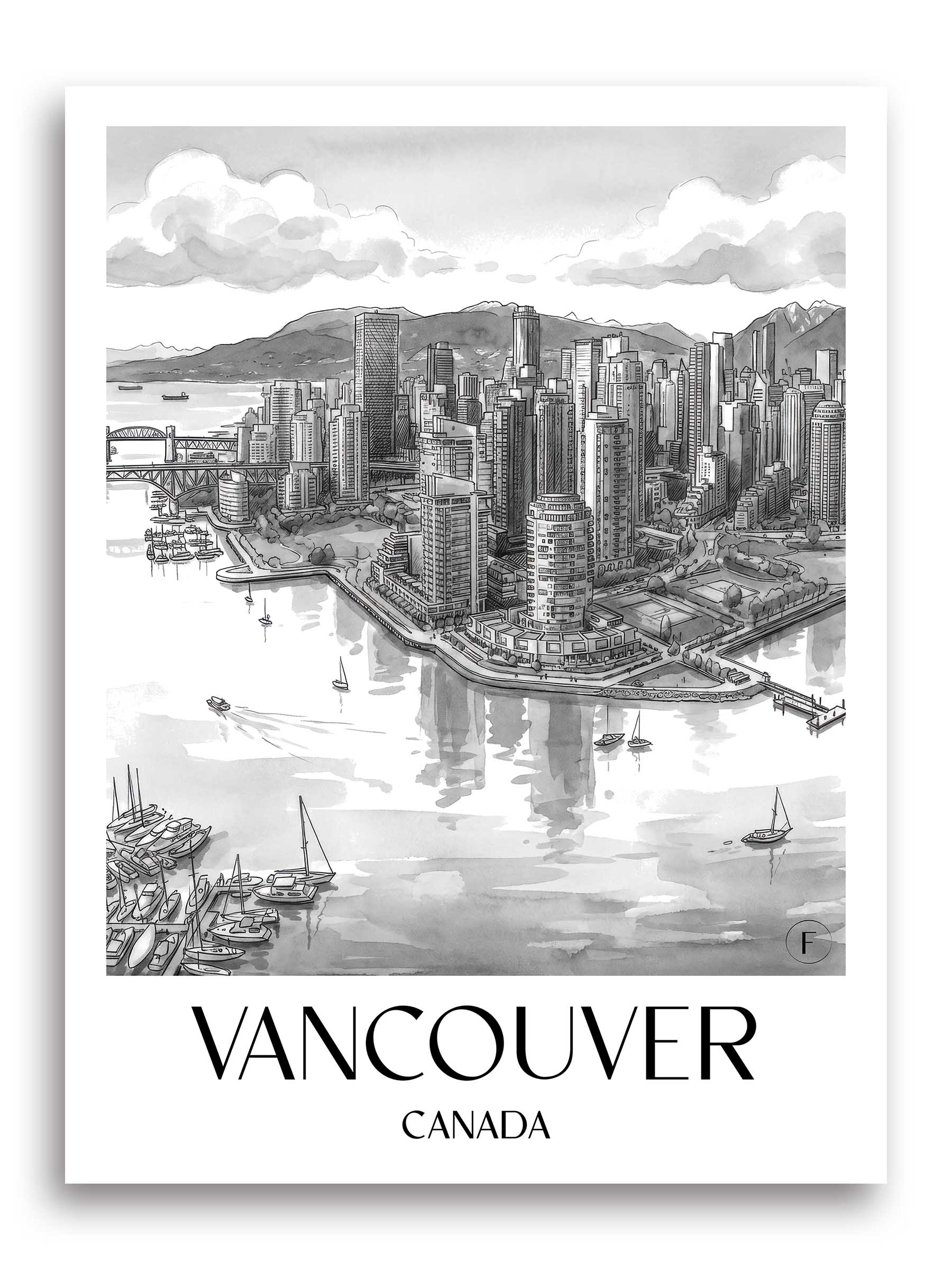 Vancouver Poster - - Kanada Kunstdruck - Aquarell Schwarz-Weiß von A4 bis A1 - favplace