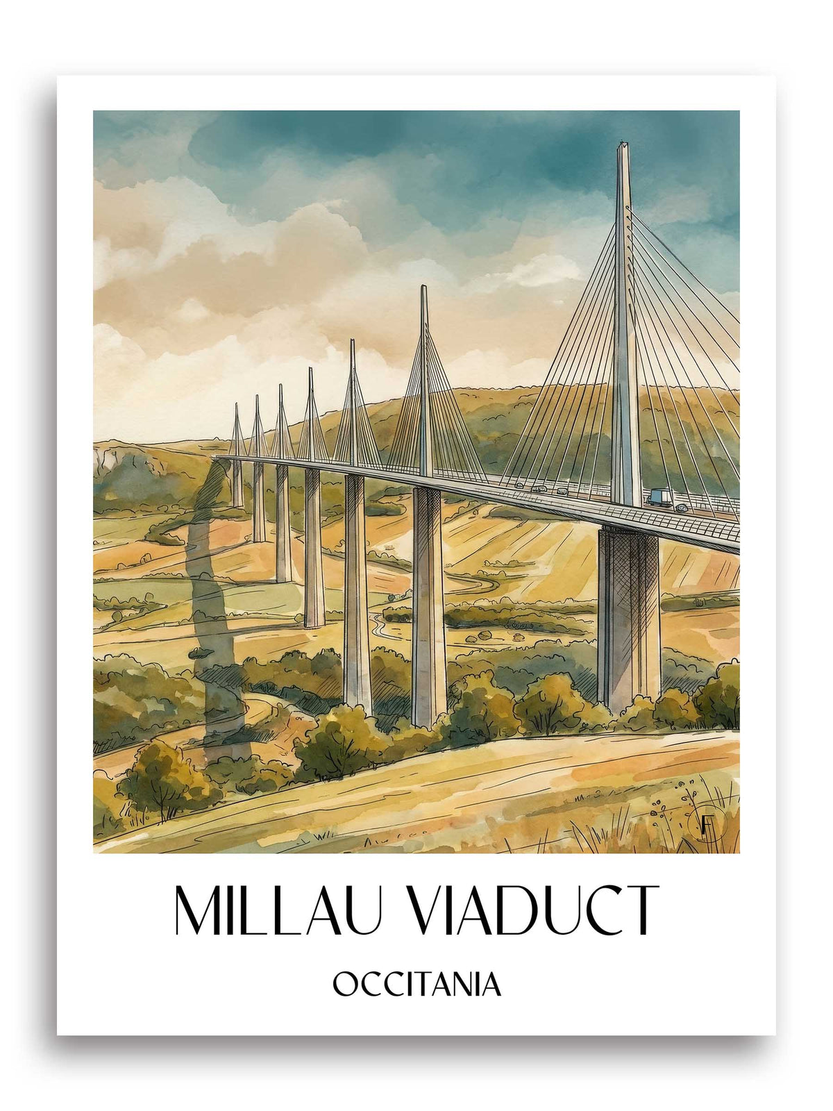 Viaduc de Millau Poster - Okzitanien - Frankreich Kunstdruck - Aquarell von A4 bis A1 - favplace