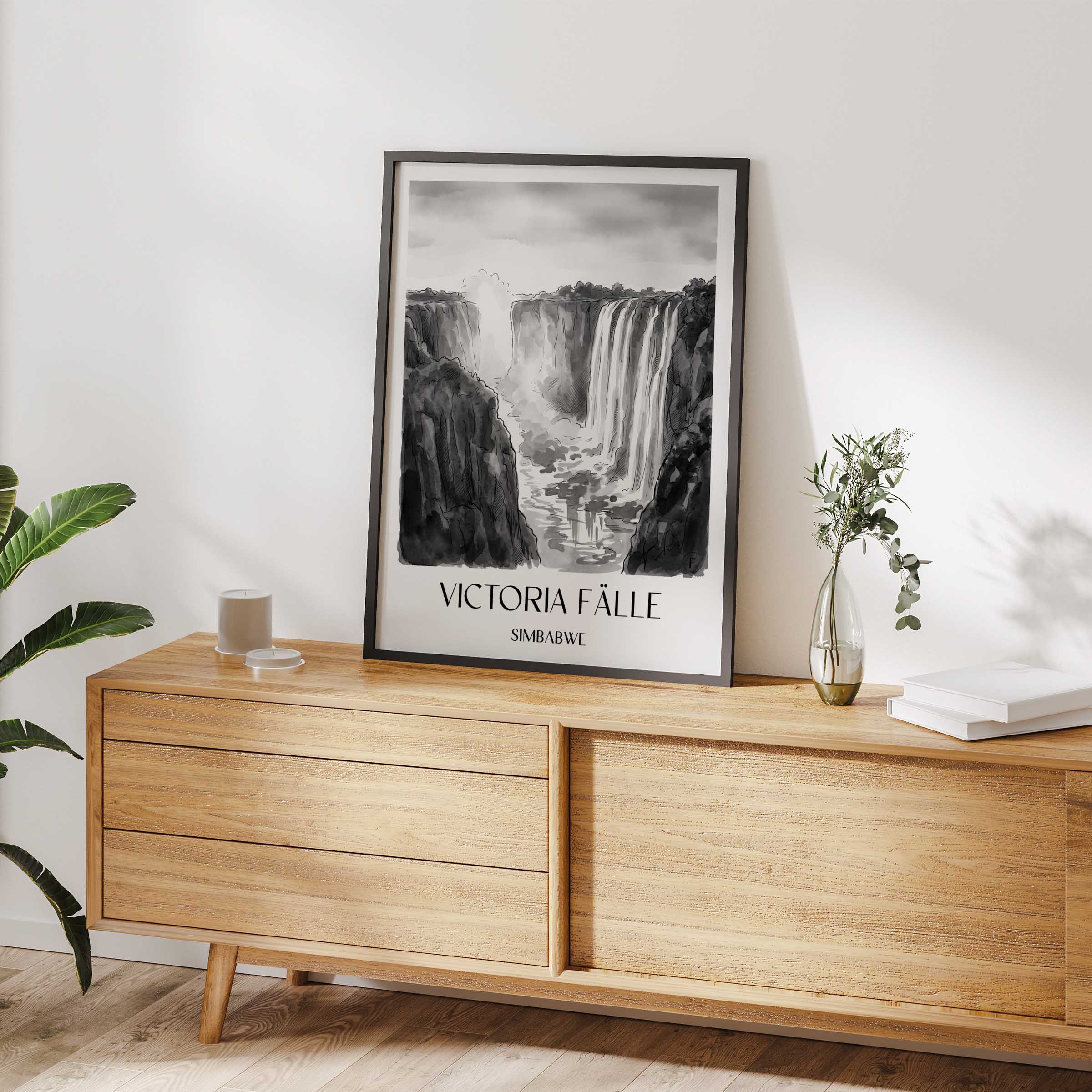 victoria-fälle-simbabwe-poster-aquarell-schwarz-weiss