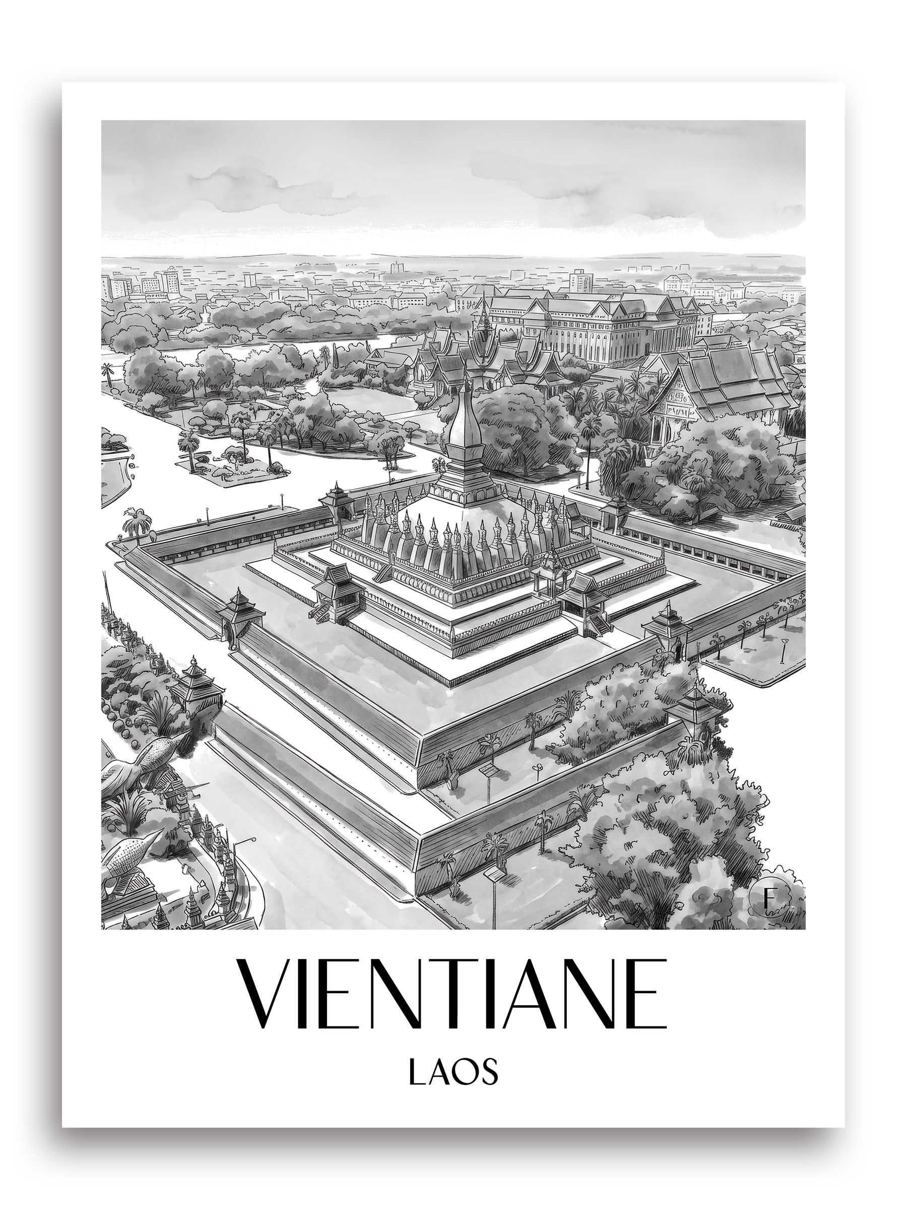 Vientiane Poster - - Laos Kunstdruck - Aquarell Schwarz-Weiß von A4 bis A1 - favplace