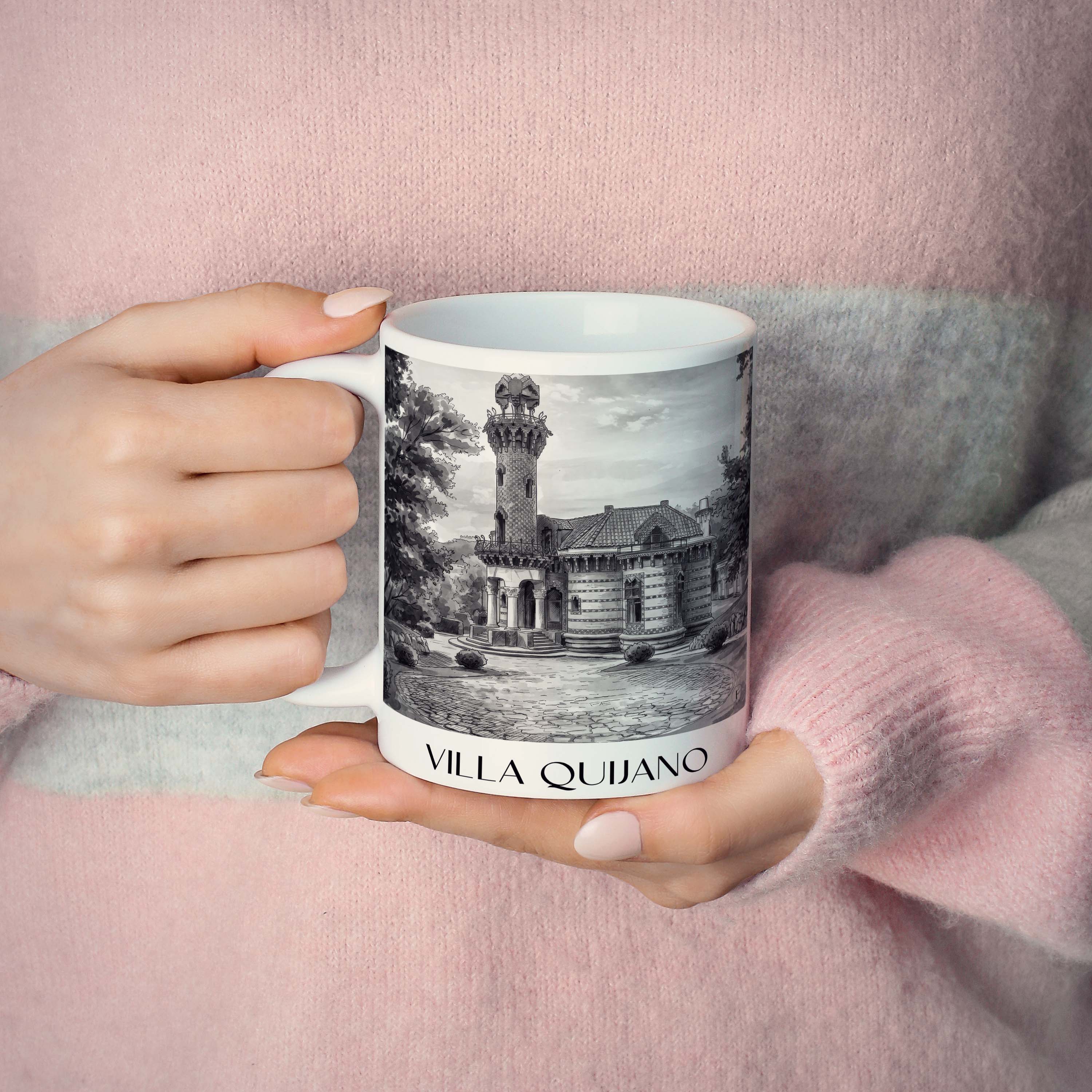 villa-quijano-comillas-spanien-kaffeebecher-aquarell-schwarz-weiss