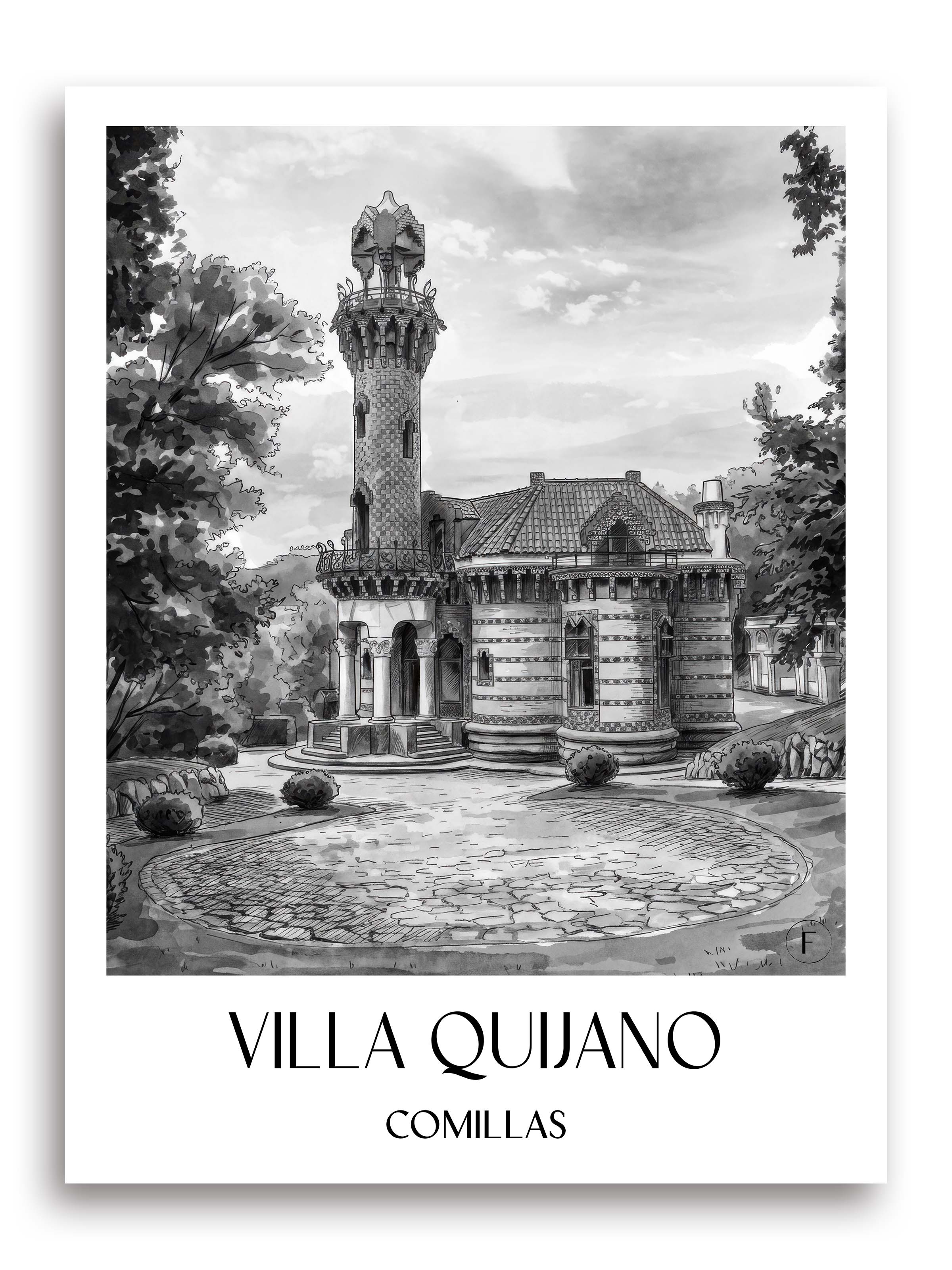 villa-quijano-comillas-spanien-poster-aquarell-schwarz-weiss