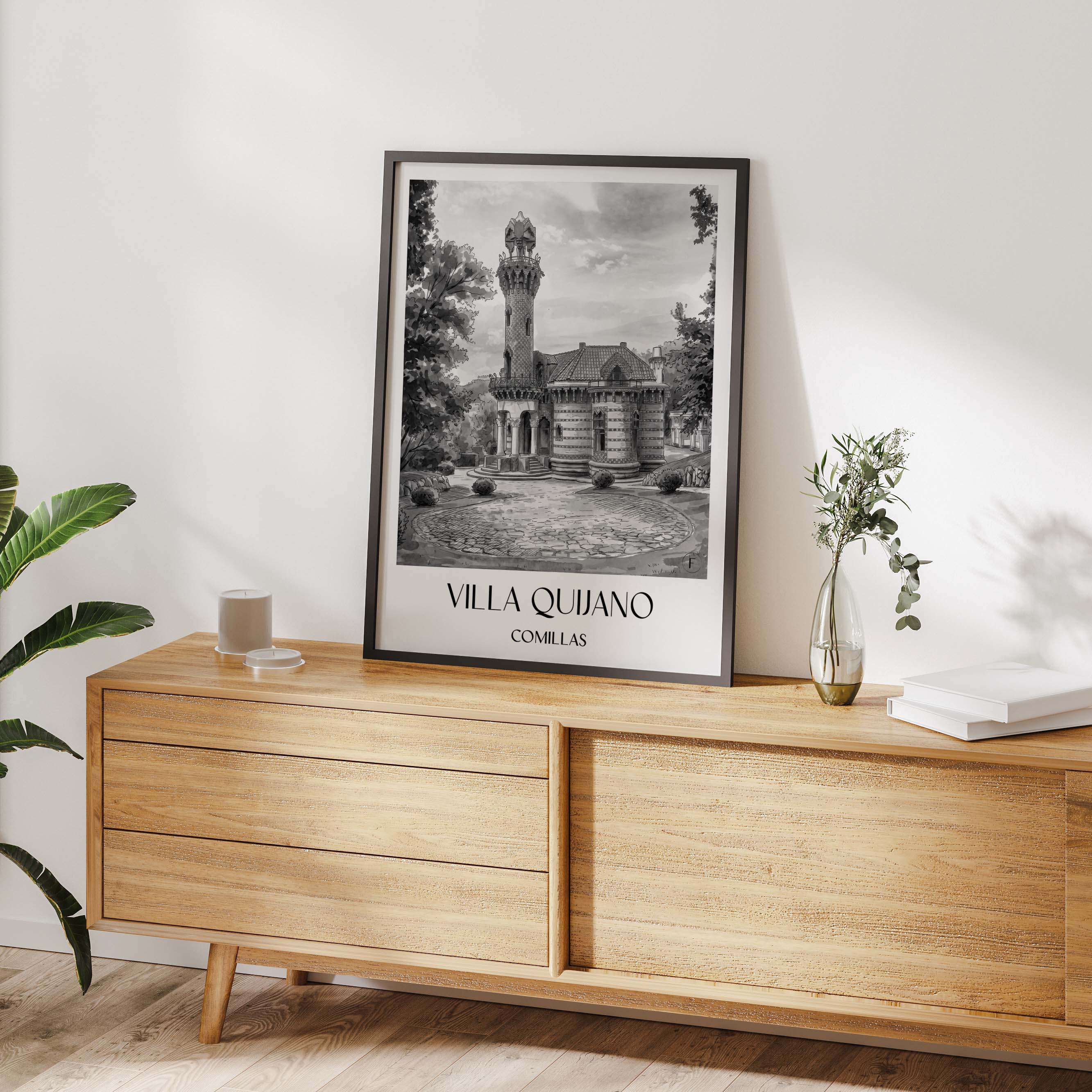 villa-quijano-comillas-spanien-poster-aquarell-schwarz-weiss