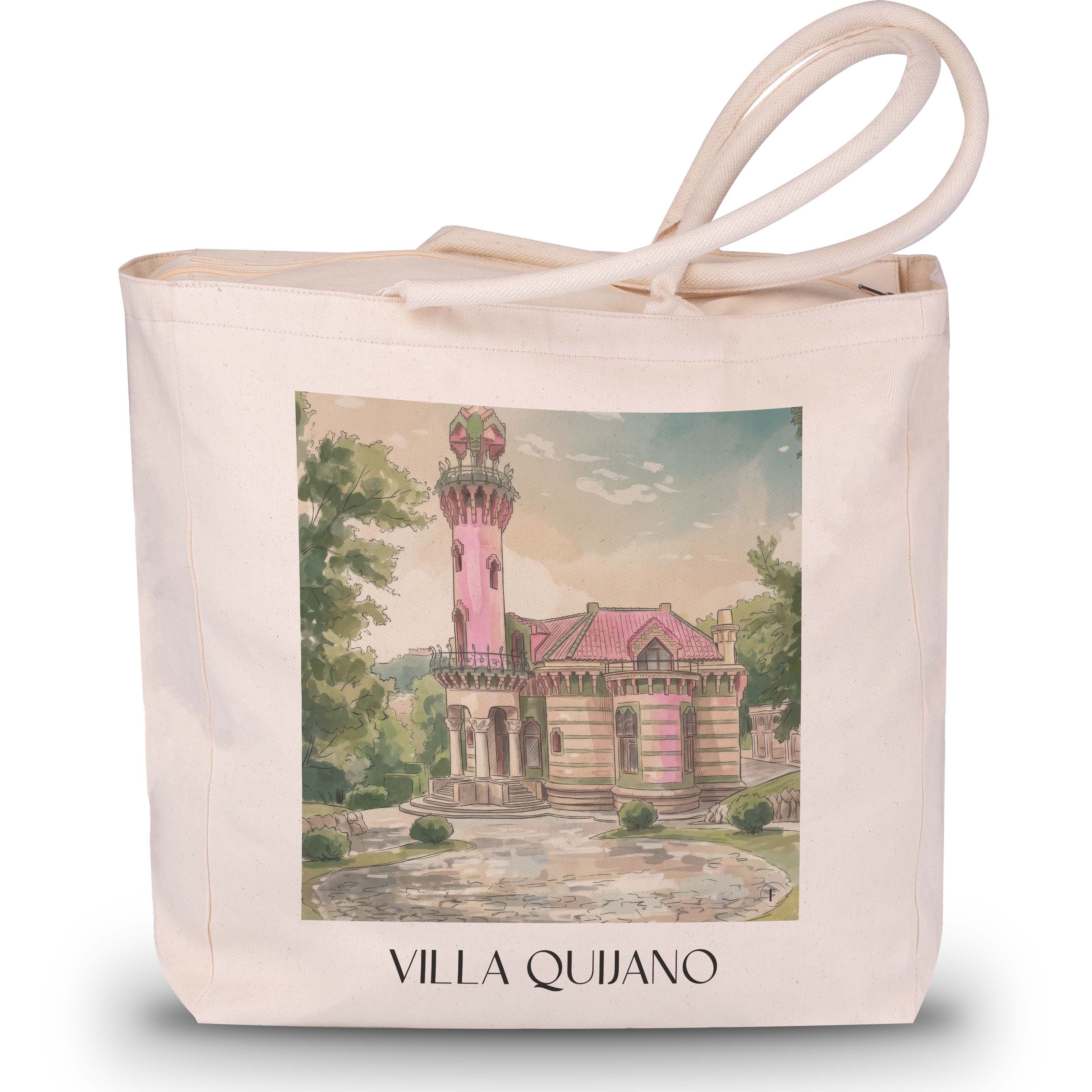 Villa Quijano Shopping Tasche - Comillas - Spanien Tote Bag - Einkaufstasche im Aquarell Pink Stil - favplace