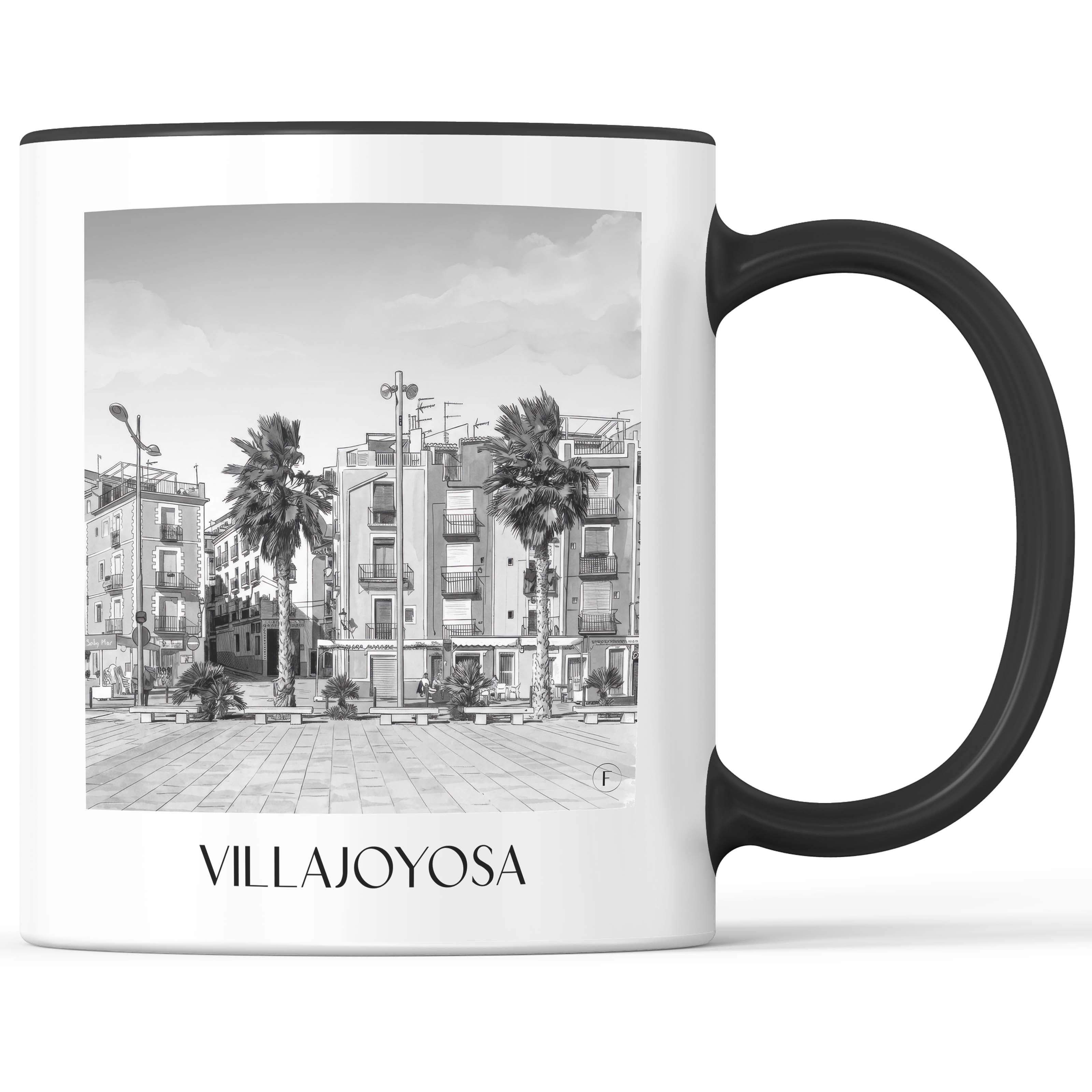 Villajoyosa Kaffeebecher - Spanien - Spanien Becher - Kaffeetasse im Aquarell Schwarz-Weiß Stil - favplace