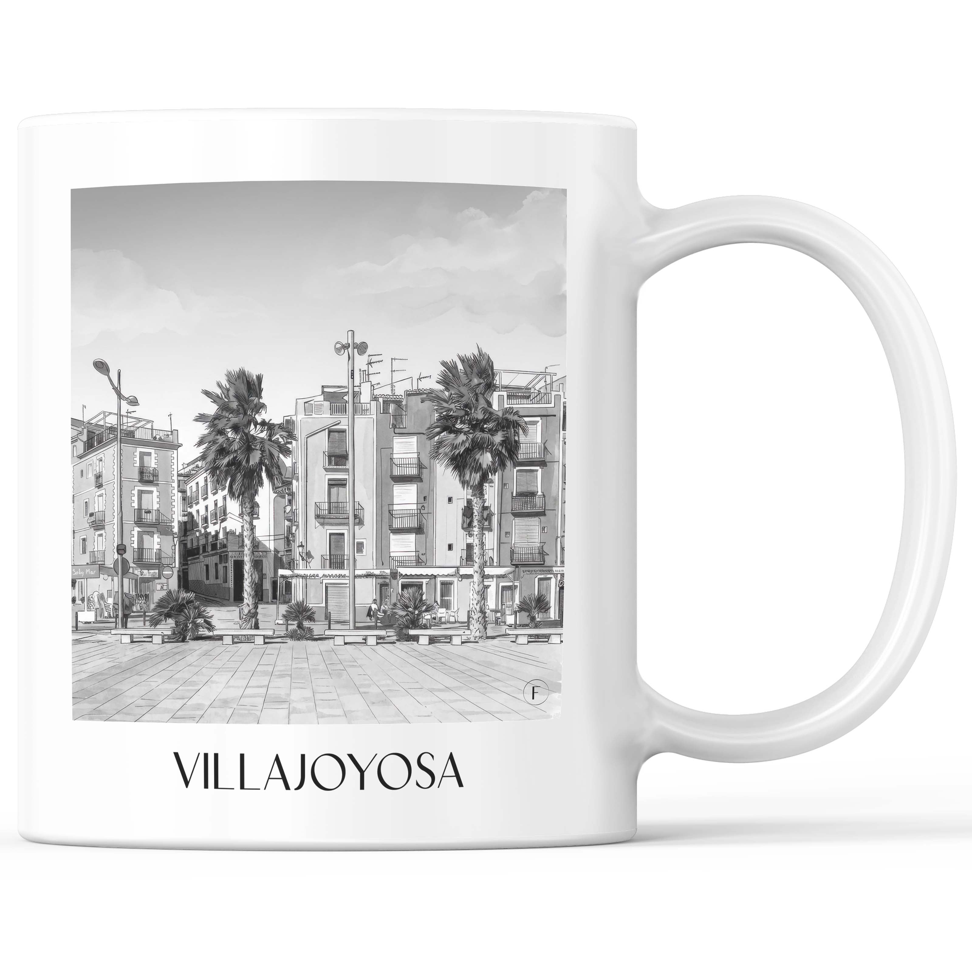 Villajoyosa Kaffeebecher - Spanien - Spanien Becher - Kaffeetasse im Aquarell Schwarz-Weiß Stil - favplace