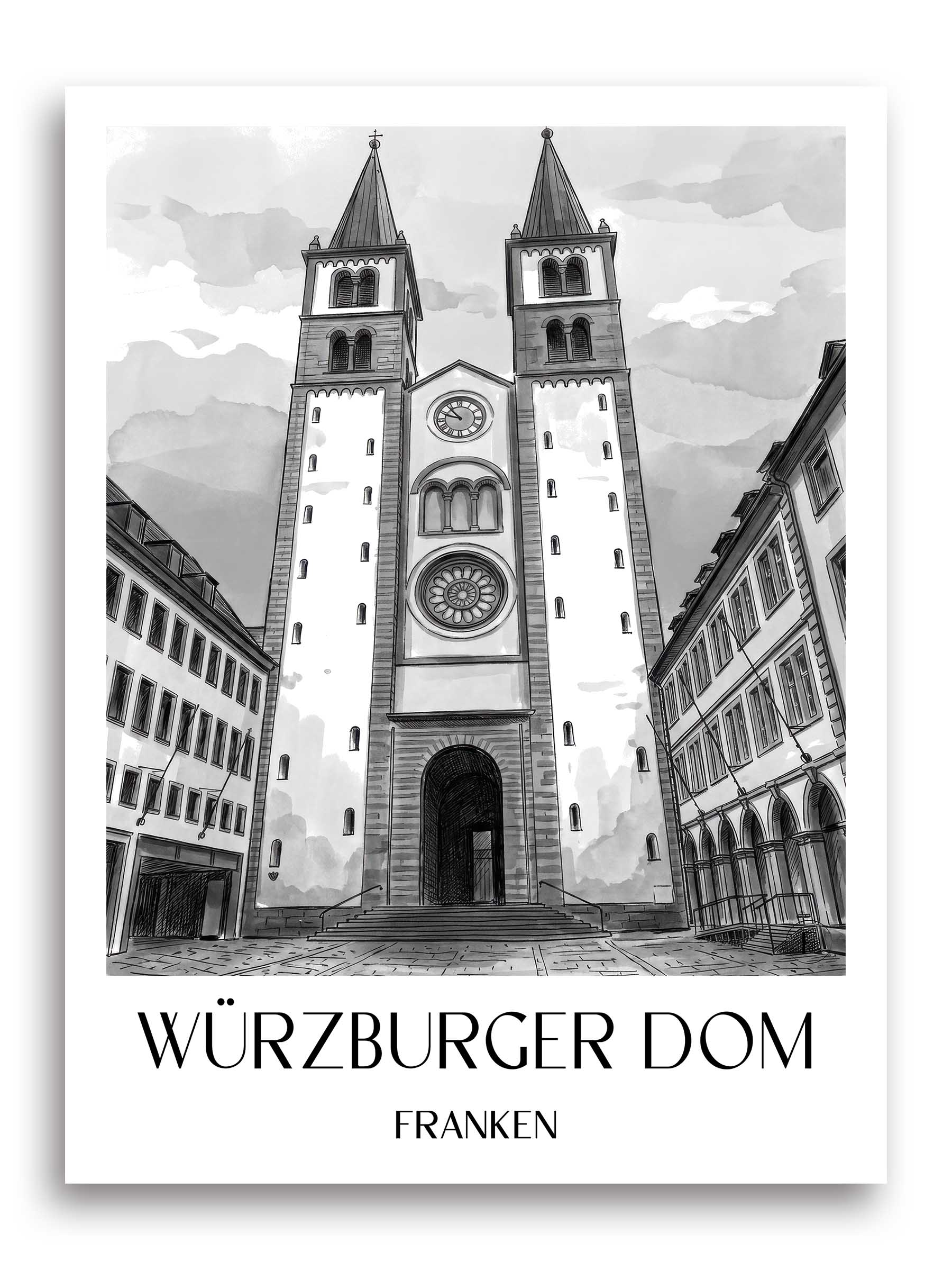 würzburger-dom-franken-deutschland-poster-aquarell-schwarz-weiss