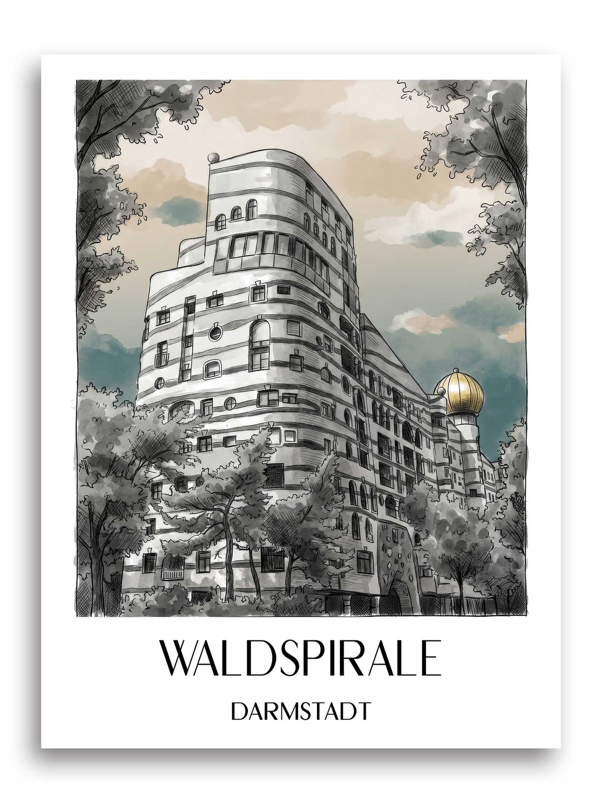 waldspirale-darmstadt-deutschland-poster-aquarell-schwarz-weiss